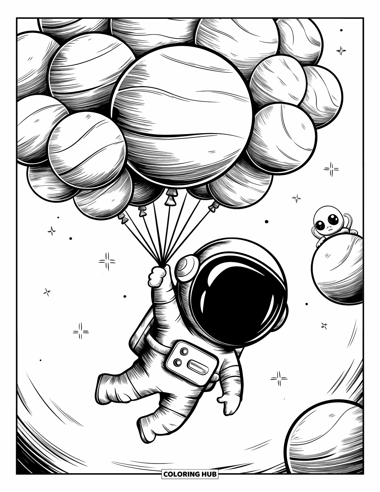 Dibujo de globo para colorear para adultos: Un astronauta flotante se aferra a globos planetarios mientras un alienígena asoma por detrás