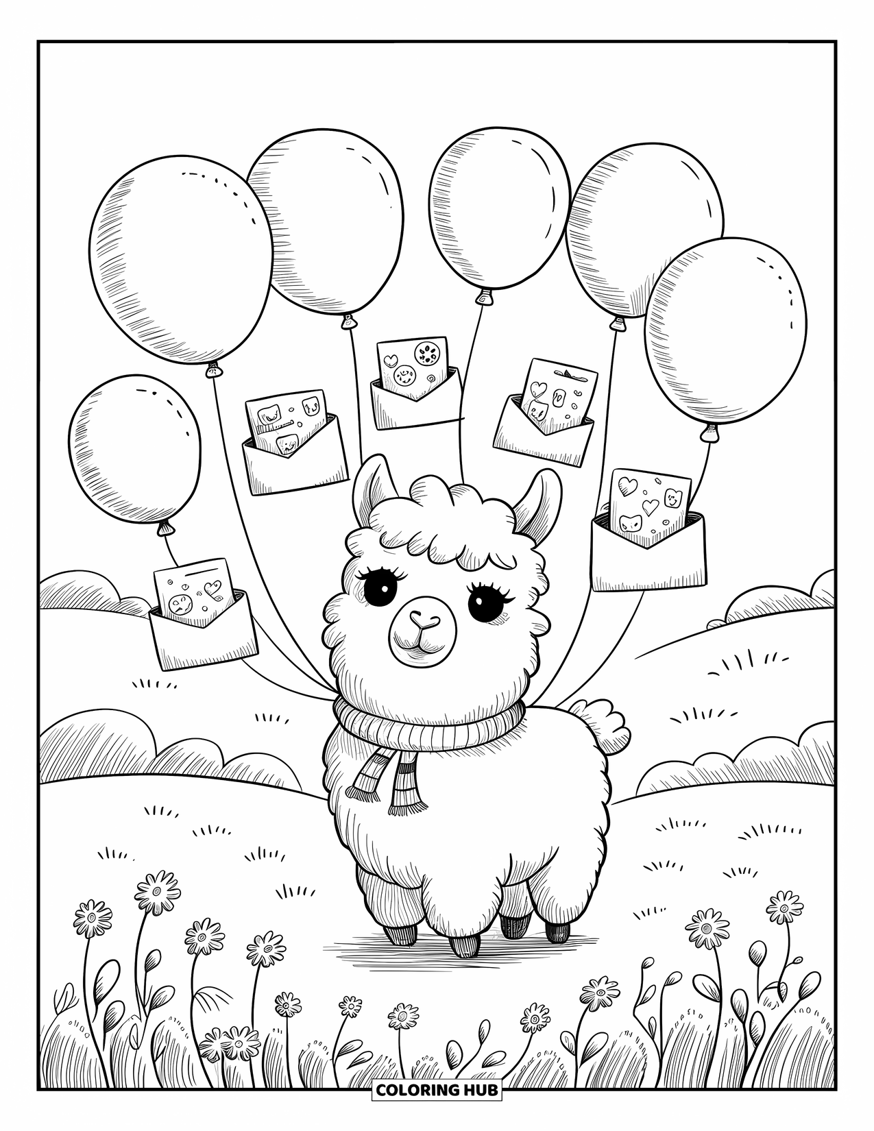 Dibujo de globo para colorear para adultos: Una alpaca gentil está de pie en un campo mientras globos con pequeñas letras flotan alrededor