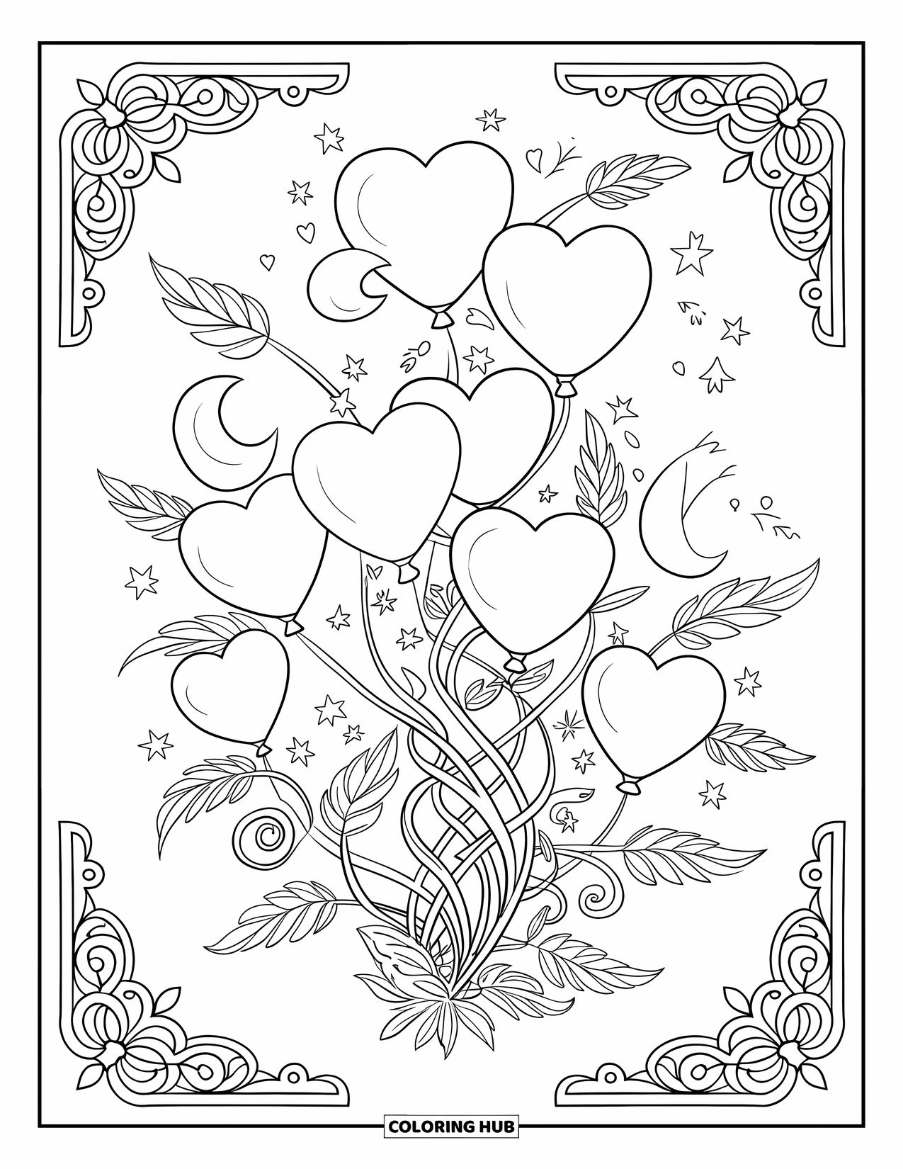 Dibujo de globo para colorear para adultos: Un grupo de globos rodeado de enredaderas arremolinadas con intrincadas hojas y bordes