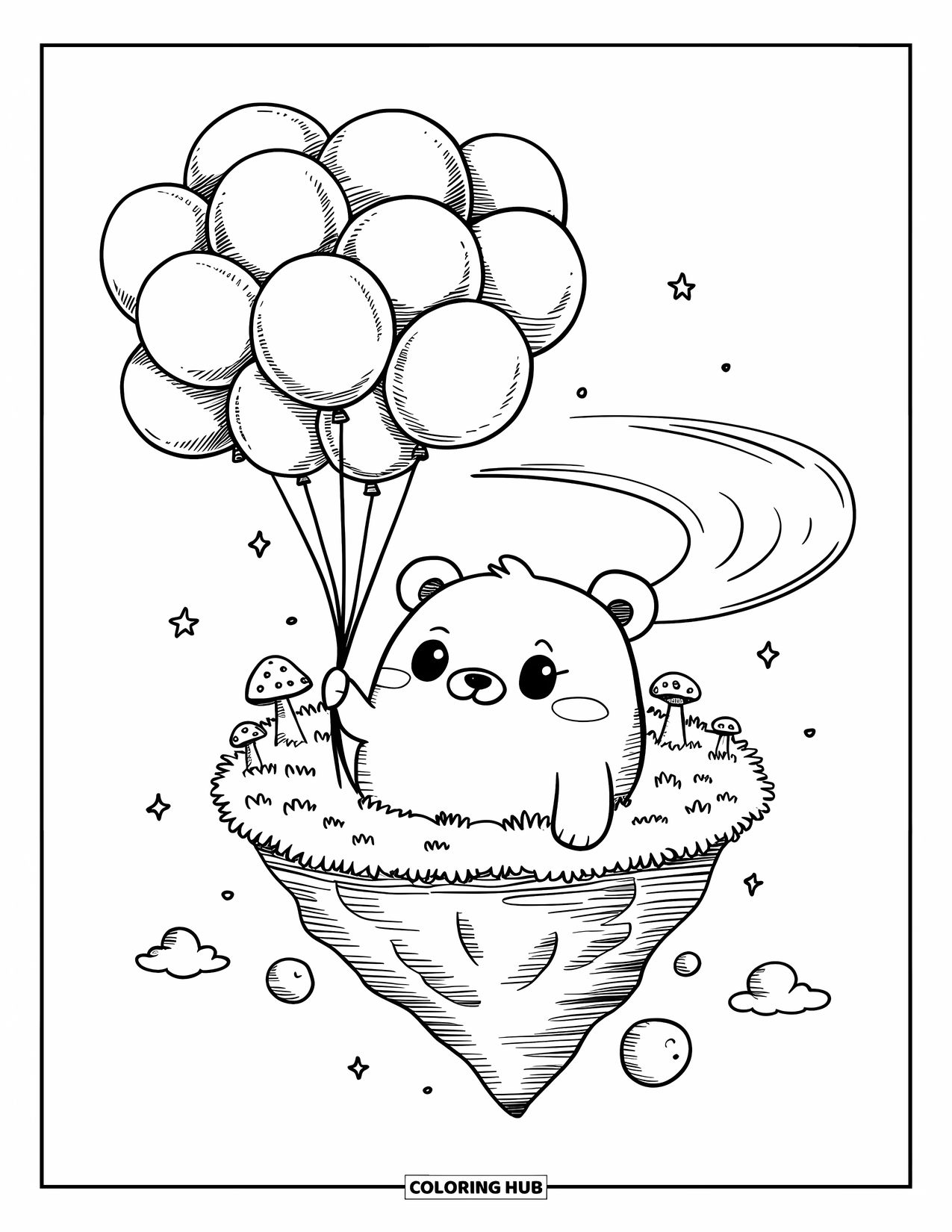 Dibujo de globo para colorear para adultos: Un oso kawaii asoma desde una isla levantada por globos, con el viento arremolinándose entre su pelaje