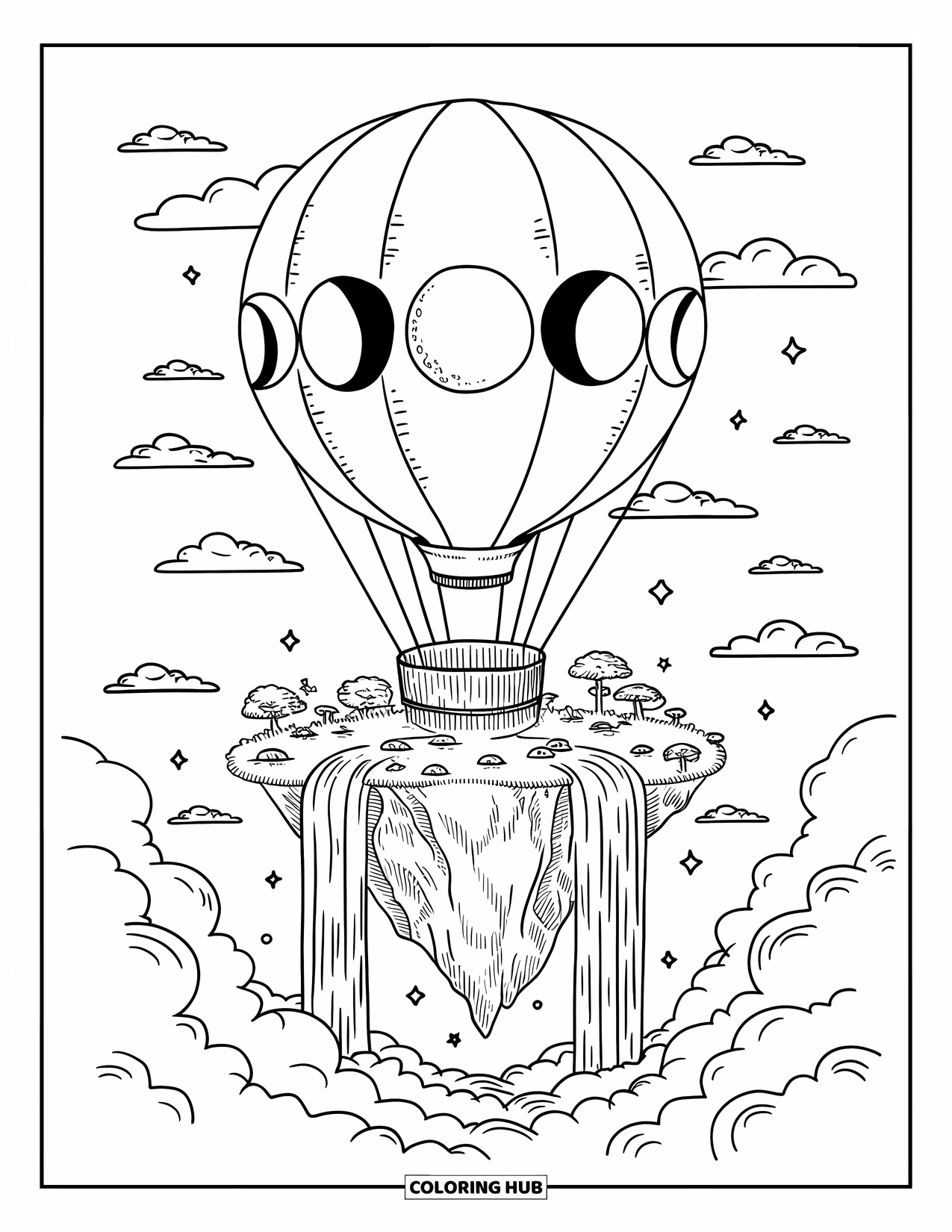 Dibujo de globo para colorear para adultos: Una isla mística flota sobre un enorme globo adornado con fases lunares, con cascadas cayendo debajo