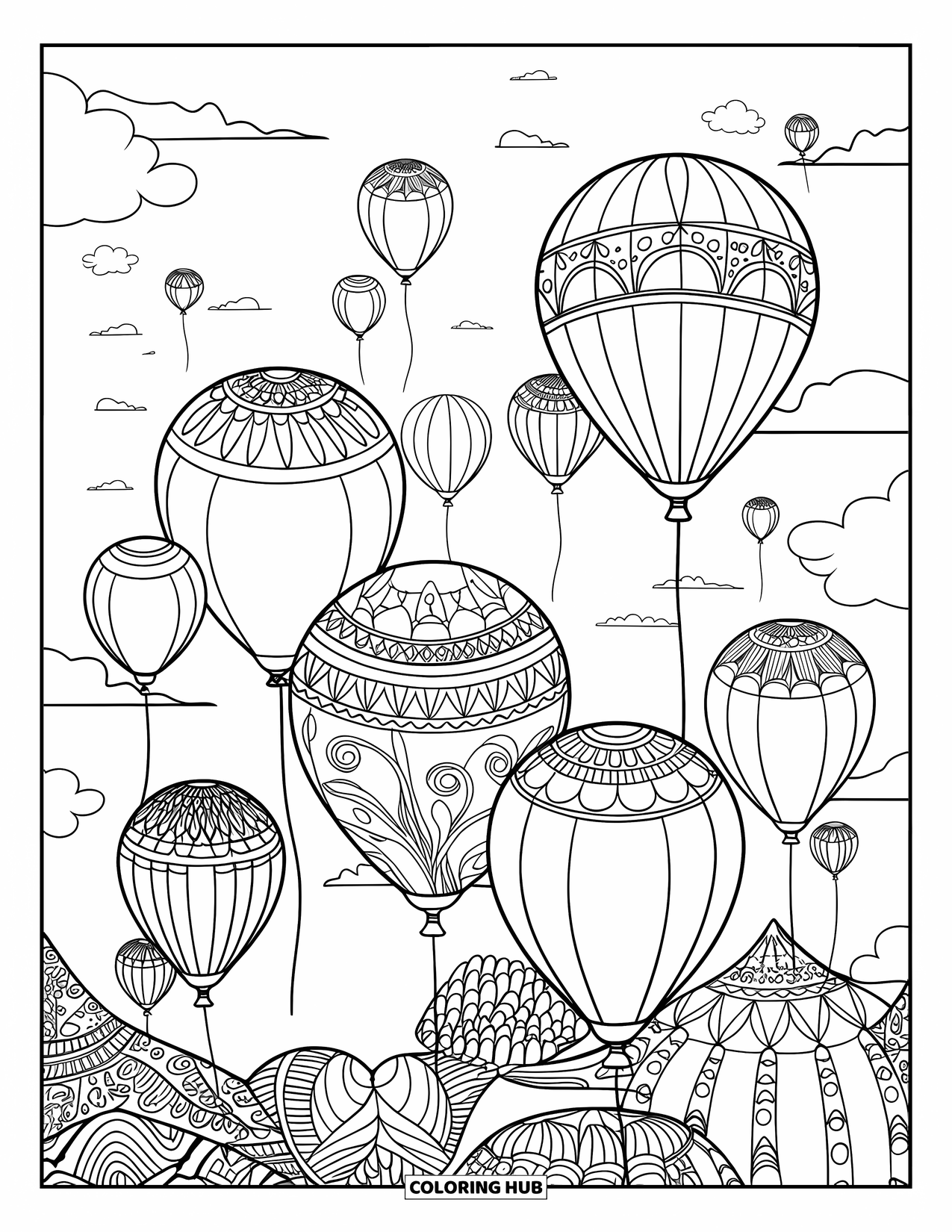 Dibujo de globo para colorear para adultos: Un cielo lleno de globos artísticos de diferentes formas e intrincados diseños