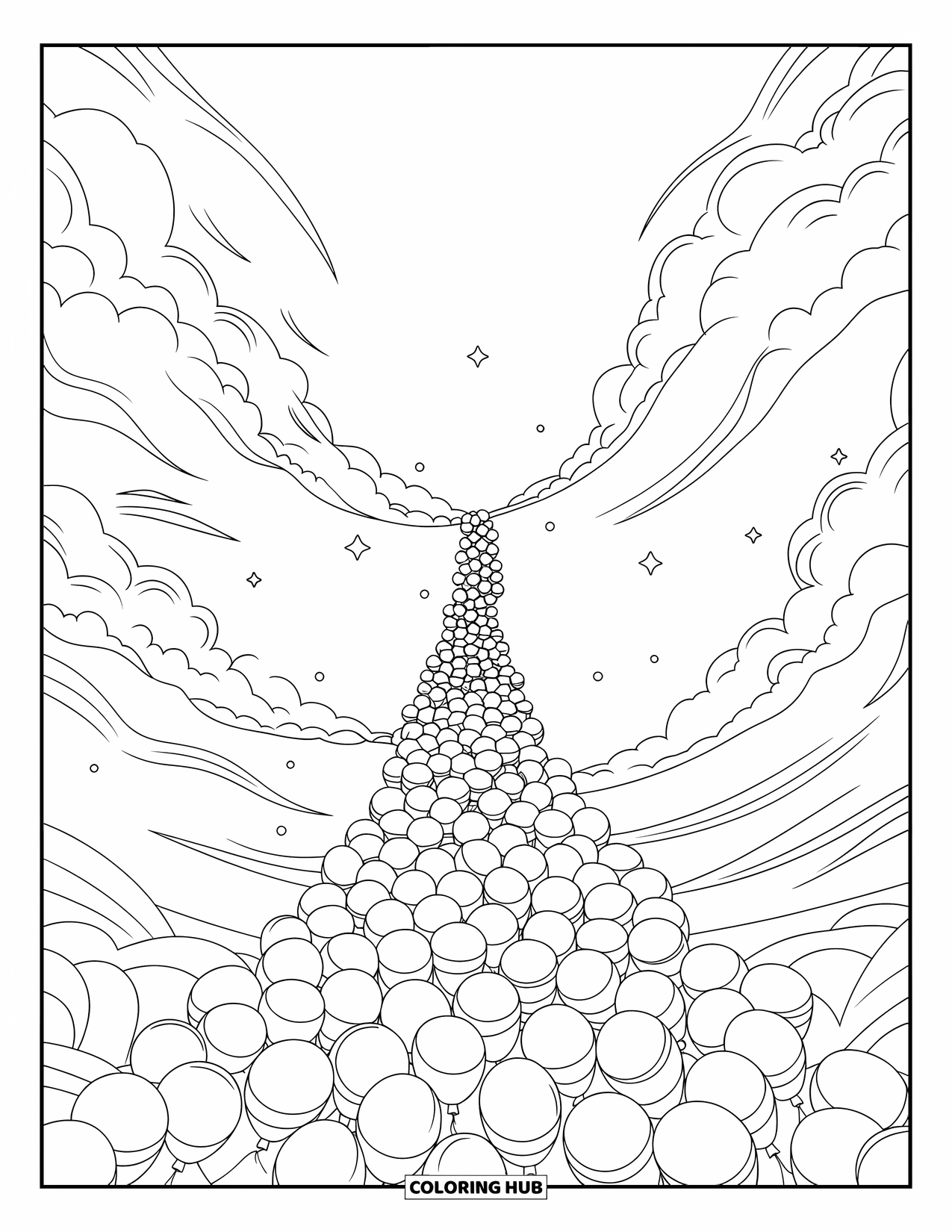 Dibujo de globo para colorear para adultos: Una cascada de globos que cae del cielo, rodeada de nubes arremolinadas