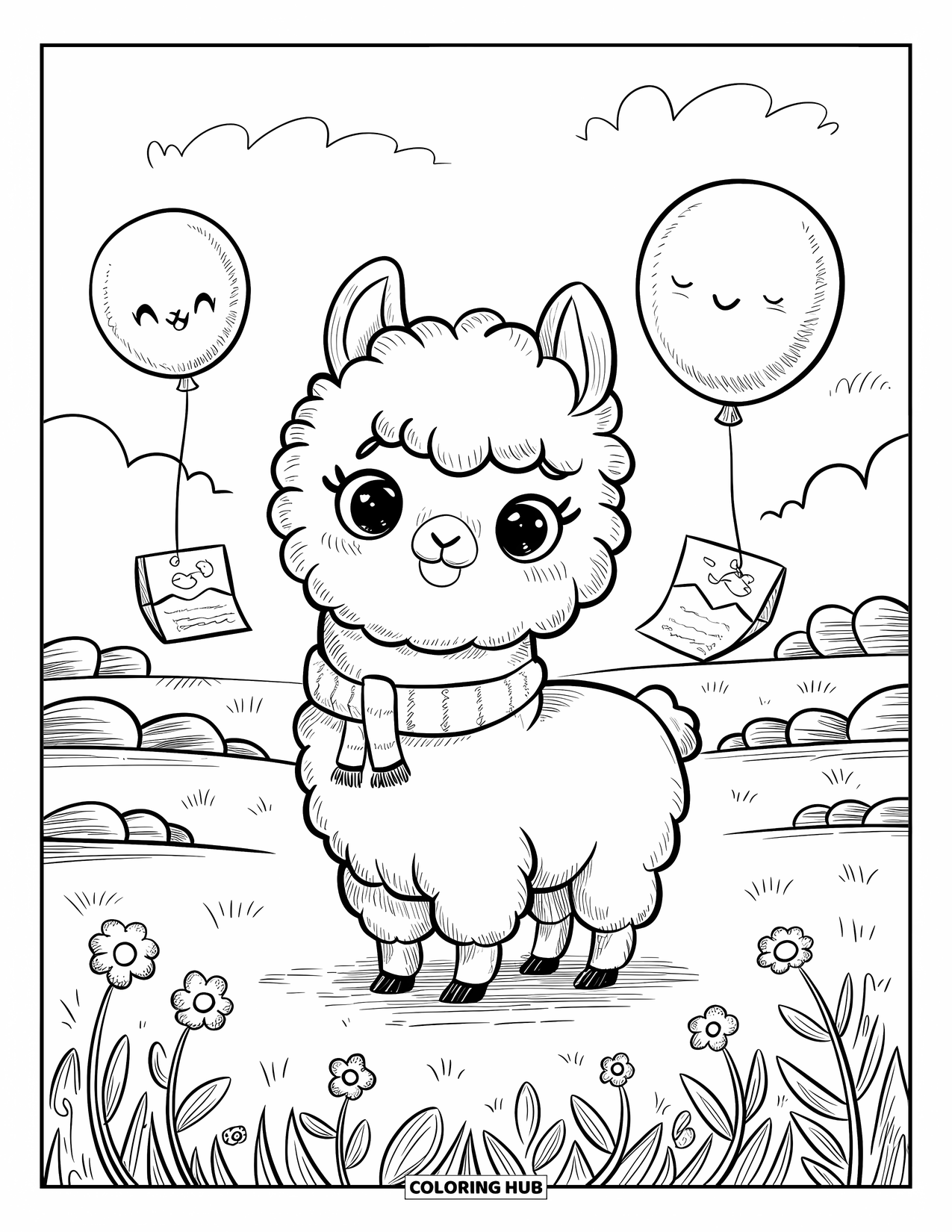 Dibujo de globo para colorear para adultos: Una alpaca en un prado contempla globos flotantes, cada uno llevando una pequeña nota