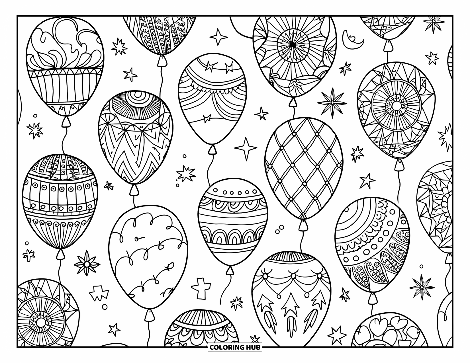 Dibujo de globo para colorear para adultos: Globos flotantes con intrincados diseños dibujados a mano, rodeados de detalles artísticos