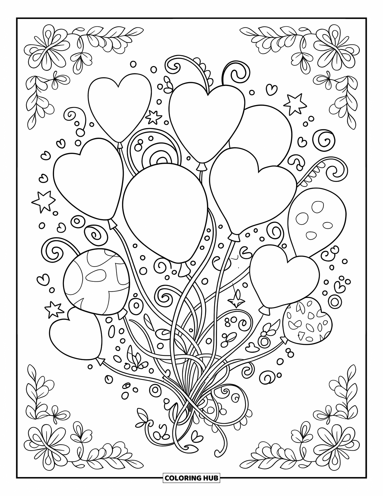 Dibujo de globo para colorear para adultos: Enredaderas entrelazadas envuelven globos flotantes de varias formas y diseños