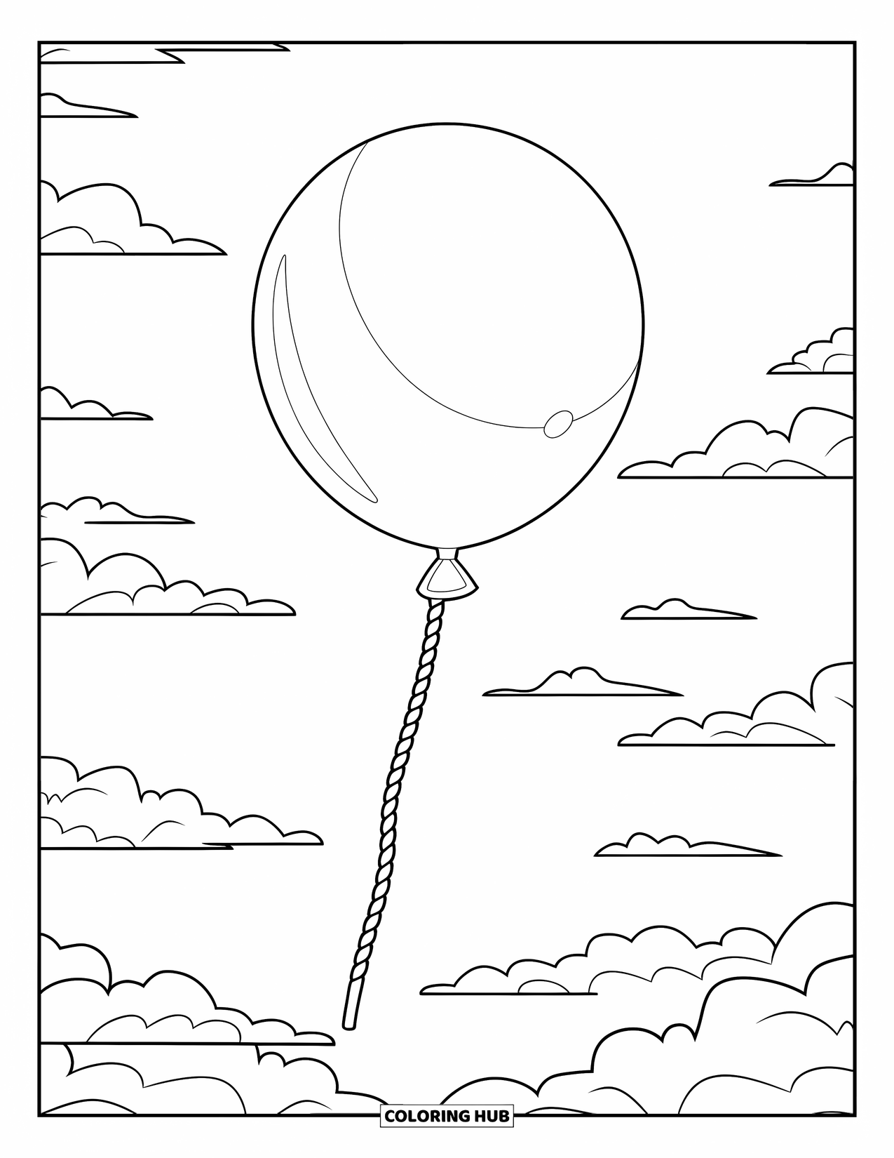 Dibujo de globo para colorear para niños: Un globo grande atado a un palo flota alto en un cielo lleno de nubes esponjosas