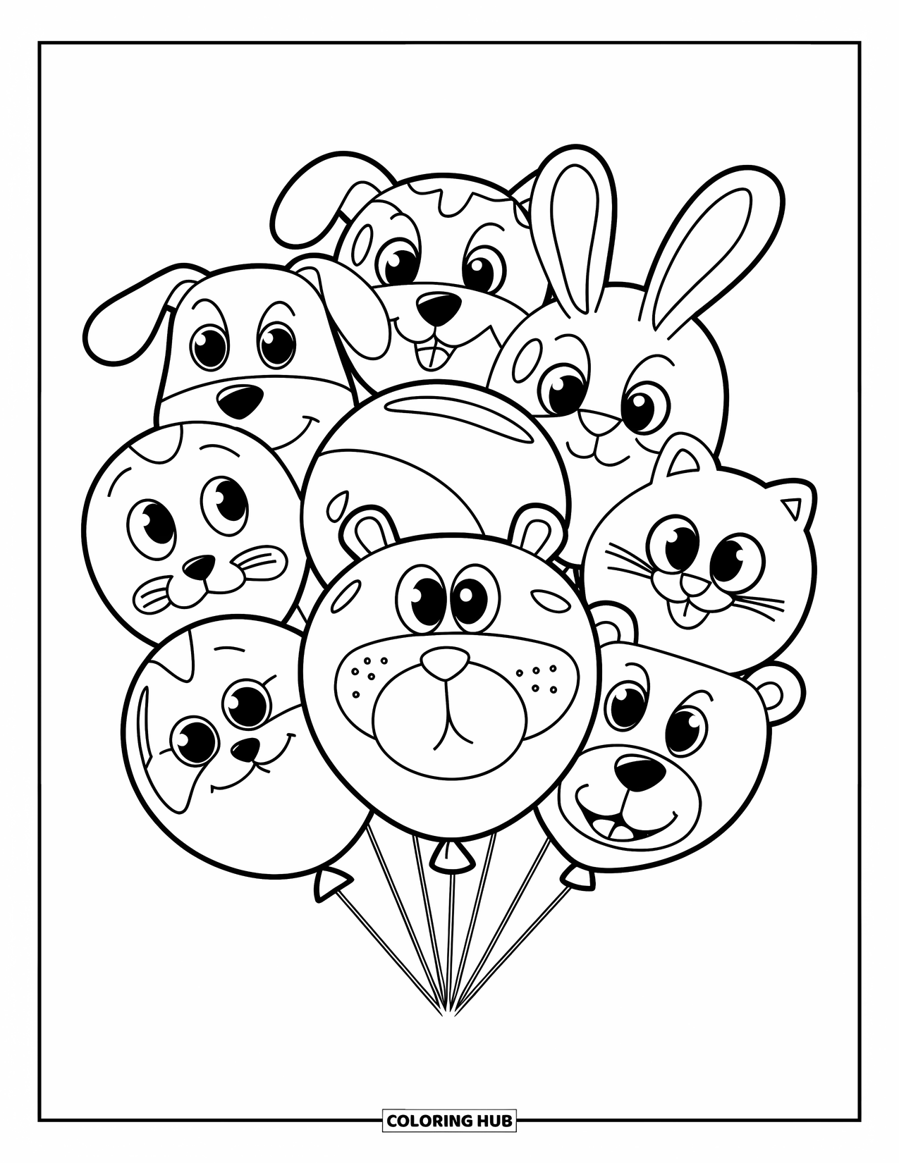 Dibujo de globo para colorear para niños: Un ramo de globos con forma de animales, incluyendo un perro, un gato, un conejo y un oso