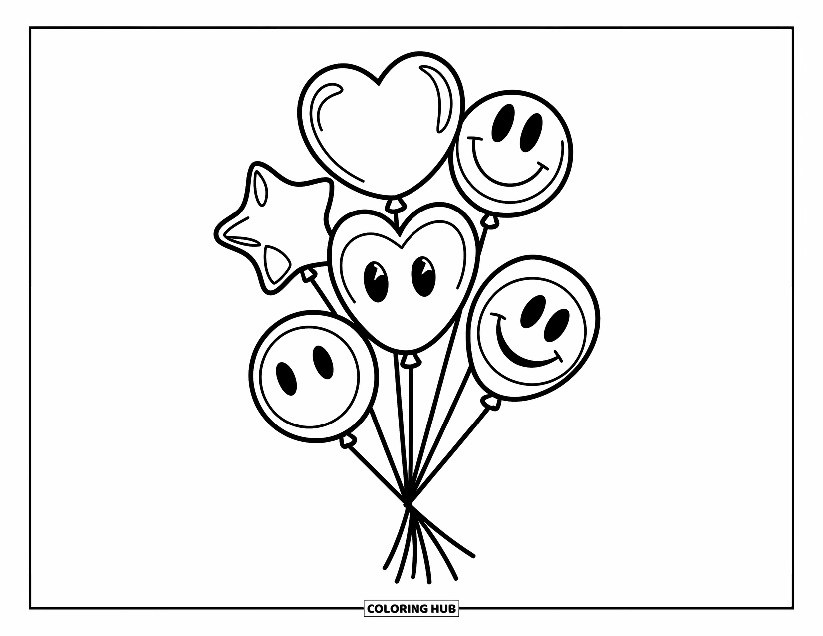 Dibujo de globo para colorear para niños: Un conjunto de cinco globos con forma de corazón, estrellas y caras sonrientes, flotando en el aire