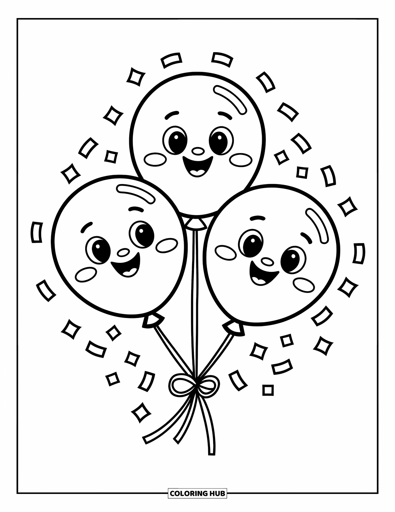 Dibujo de globo para colorear para niños: Un alegre conjunto de tres globos sonrientes flotando con confeti alrededor