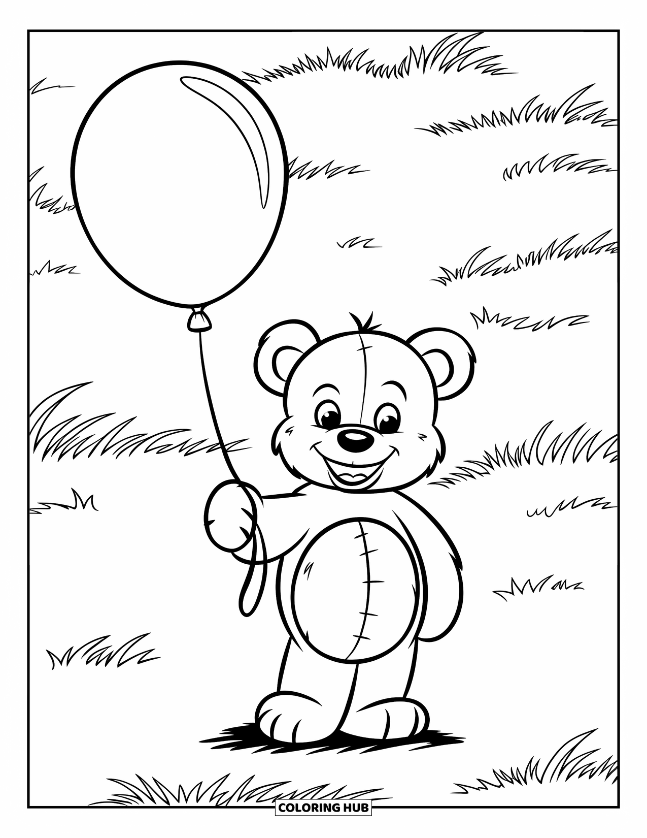 Dibujo de globo para colorear para niños: Un alegre oso de peluche sosteniendo un globo está de pie en medio de un campo de hierba