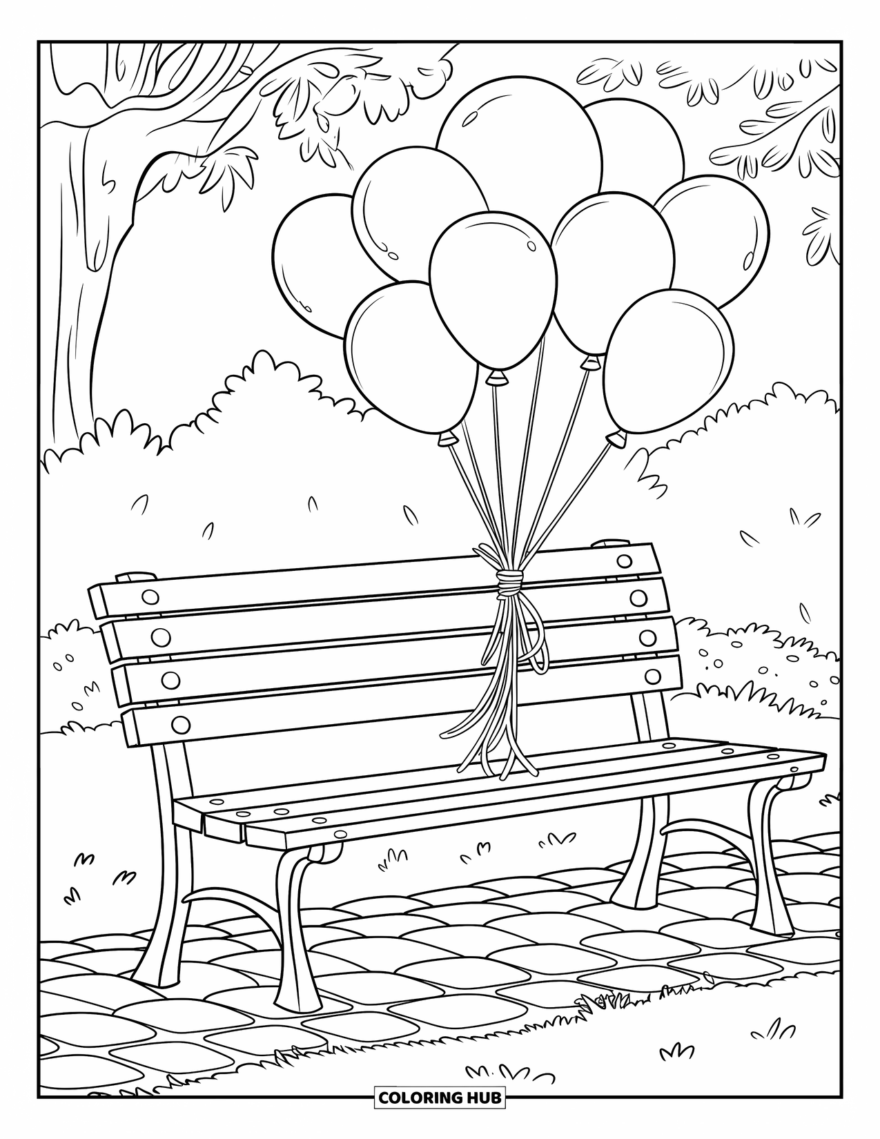 Dibujo de globo para colorear para niños: Un banco acogedor en un camino de adoquines, con globos balanceándose en el viento