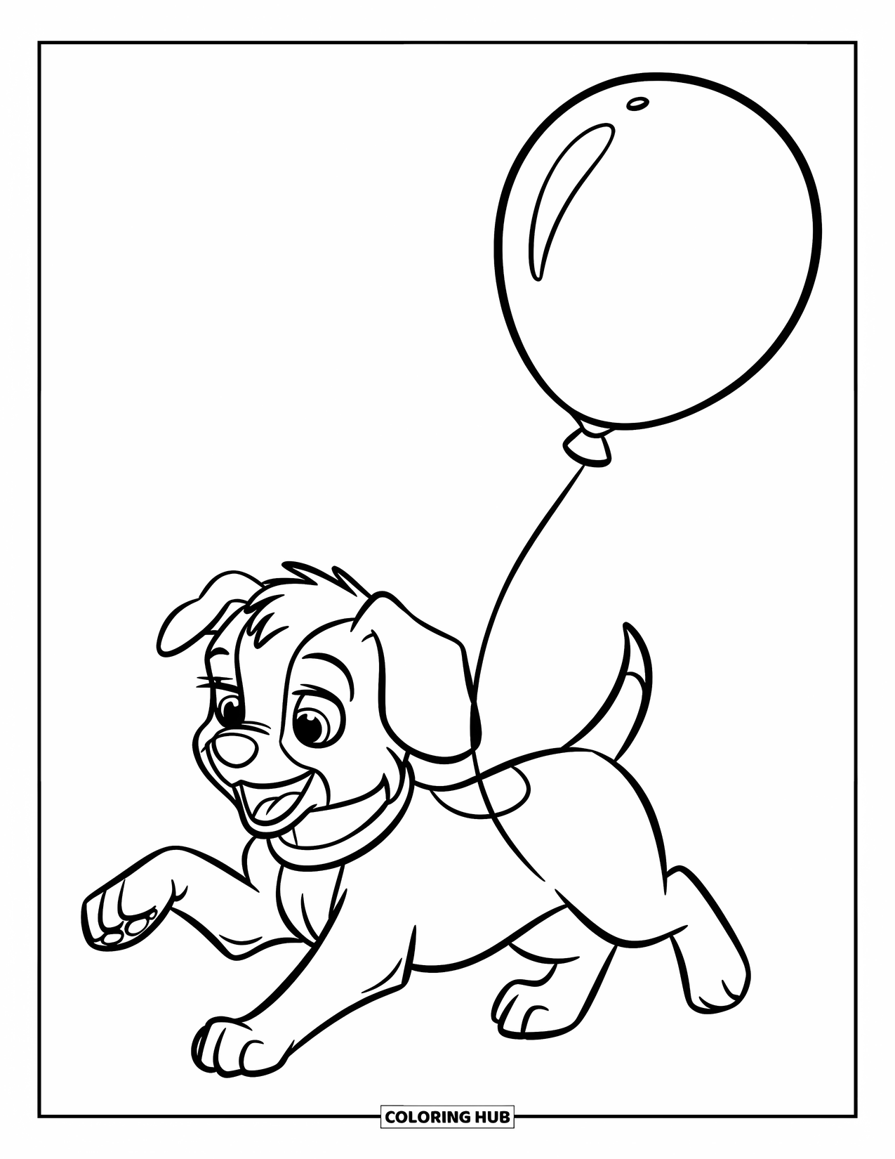 Dibujo de globo para colorear para niños: Un cachorro curioso salta tras un globo que flota justo por encima de su cabeza