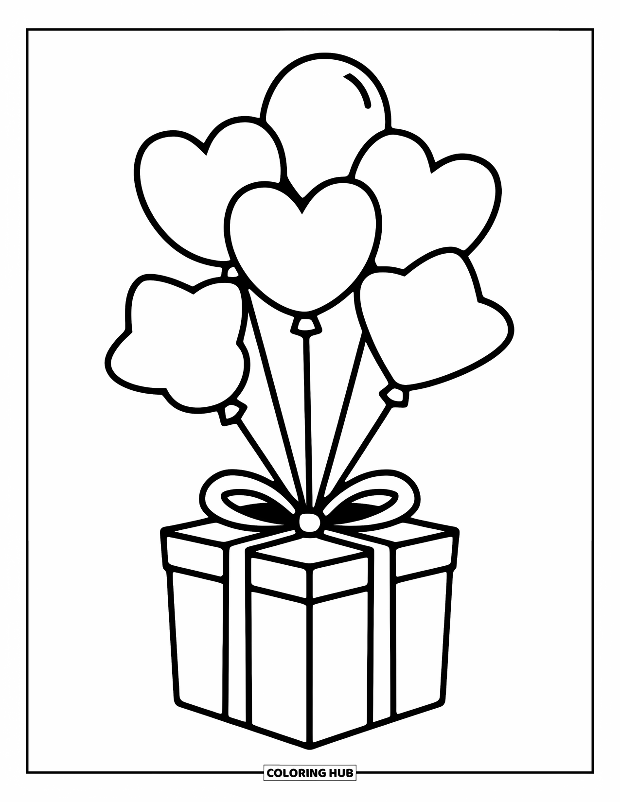 Dibujo de globo para colorear para niños: Una caja de regalo festiva con seis globos de diferentes formas atados a ella