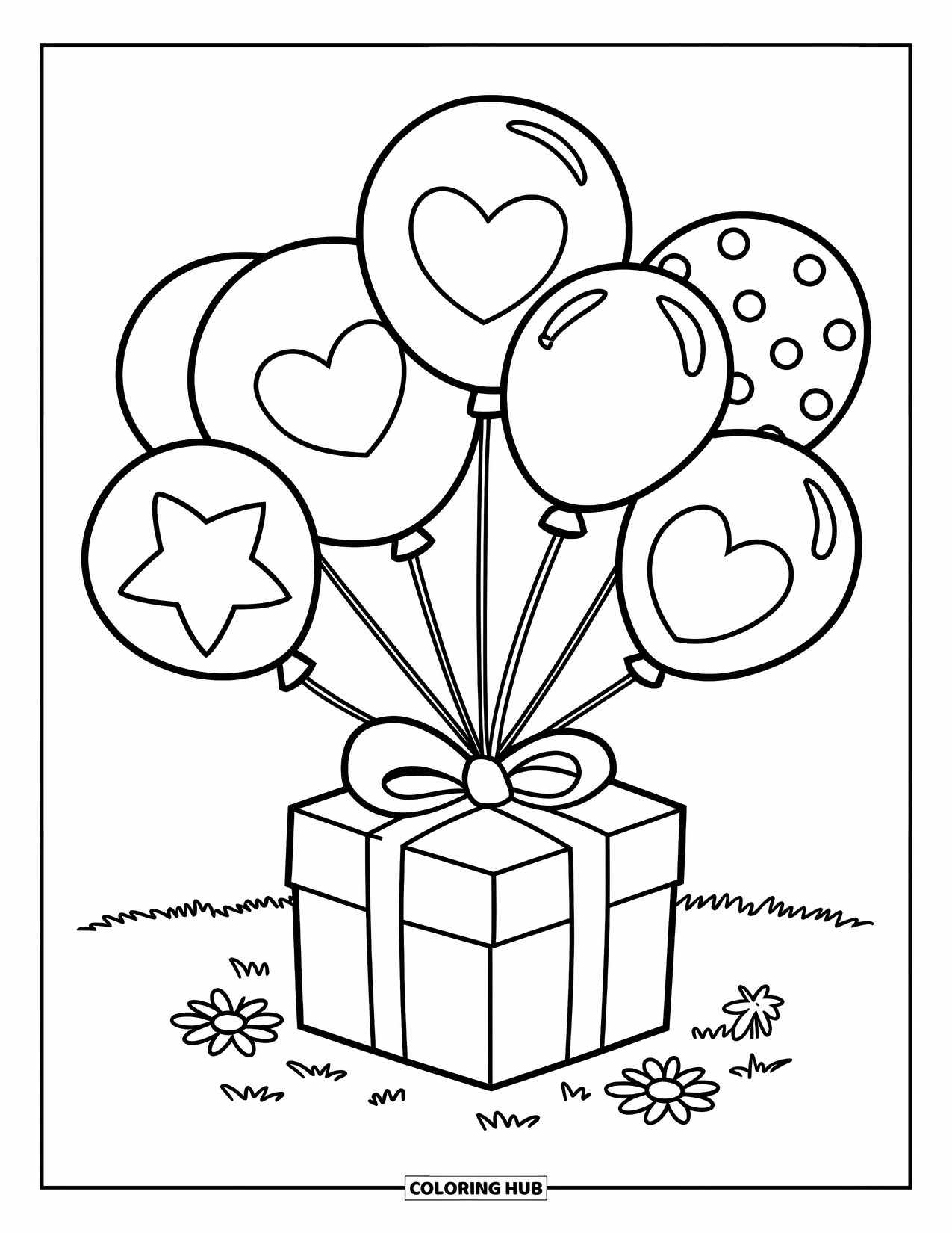 Dibujo de globo para colorear para niños: Una caja de regalo flotante con seis globos de diferentes formas sobre un césped lleno de flores