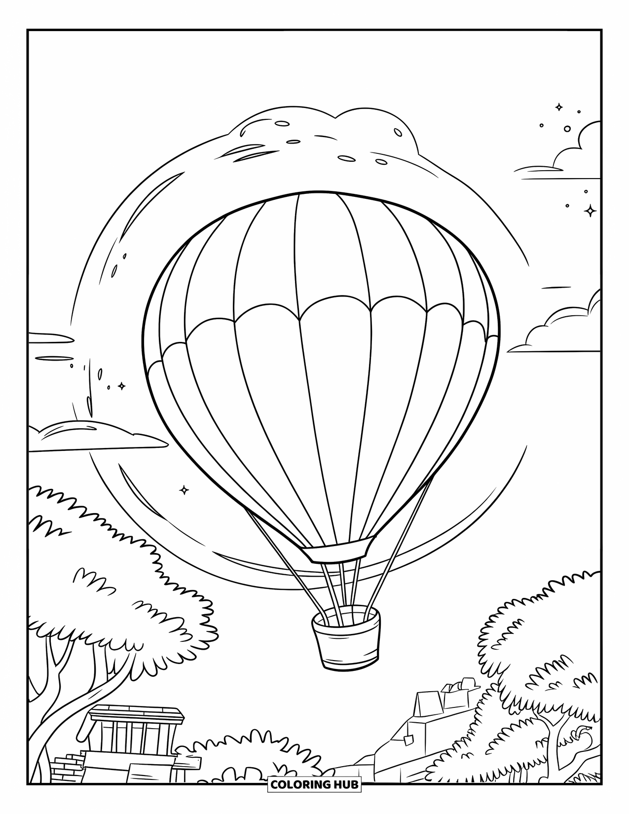 Dibujo de globo para colorear para niños: Un globo de corazón flotante elevándose cerca de la luna con árboles y edificios debajo