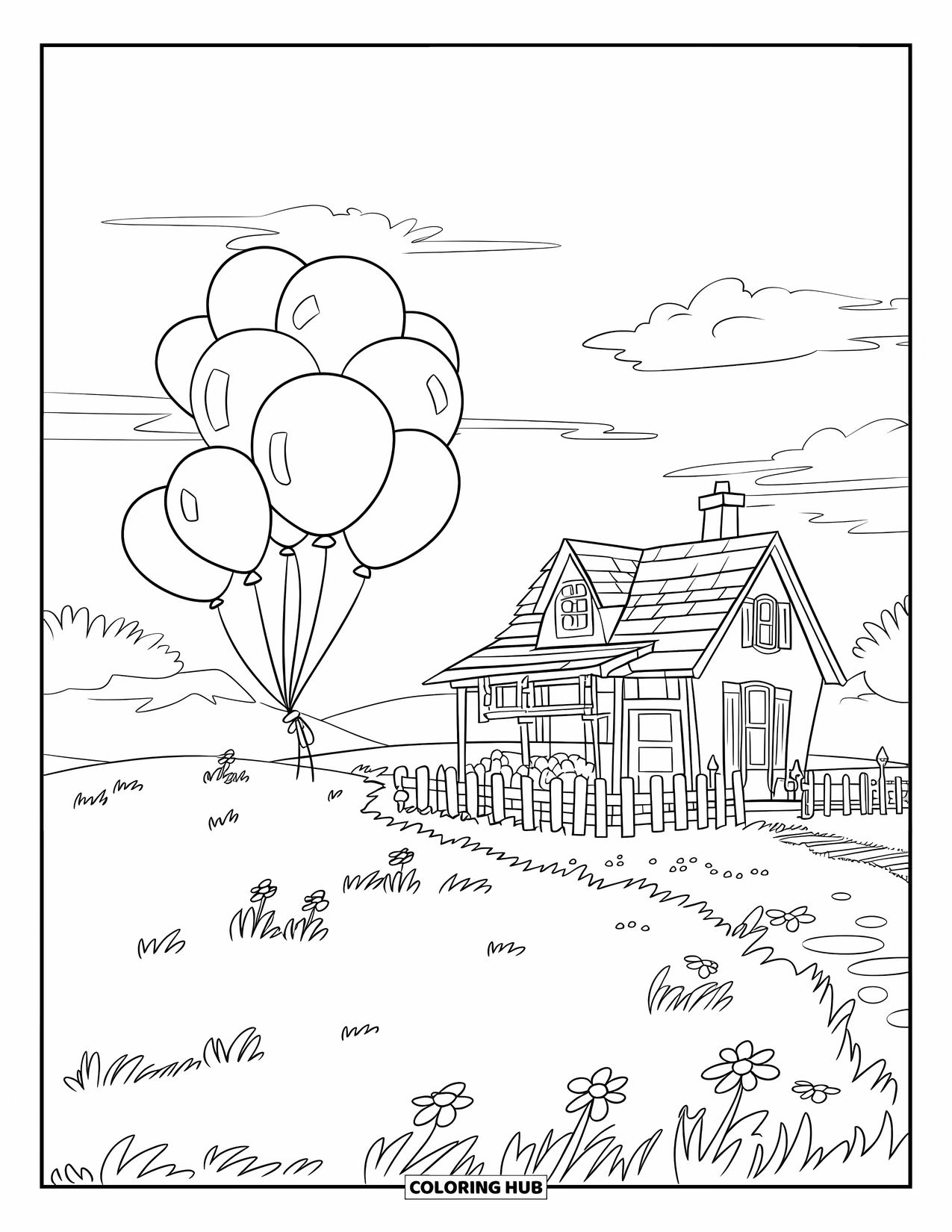 Dibujo de globo para colorear para niños: Un campo de hierba con una casita, flores, una chimenea y globos flotando en el cielo