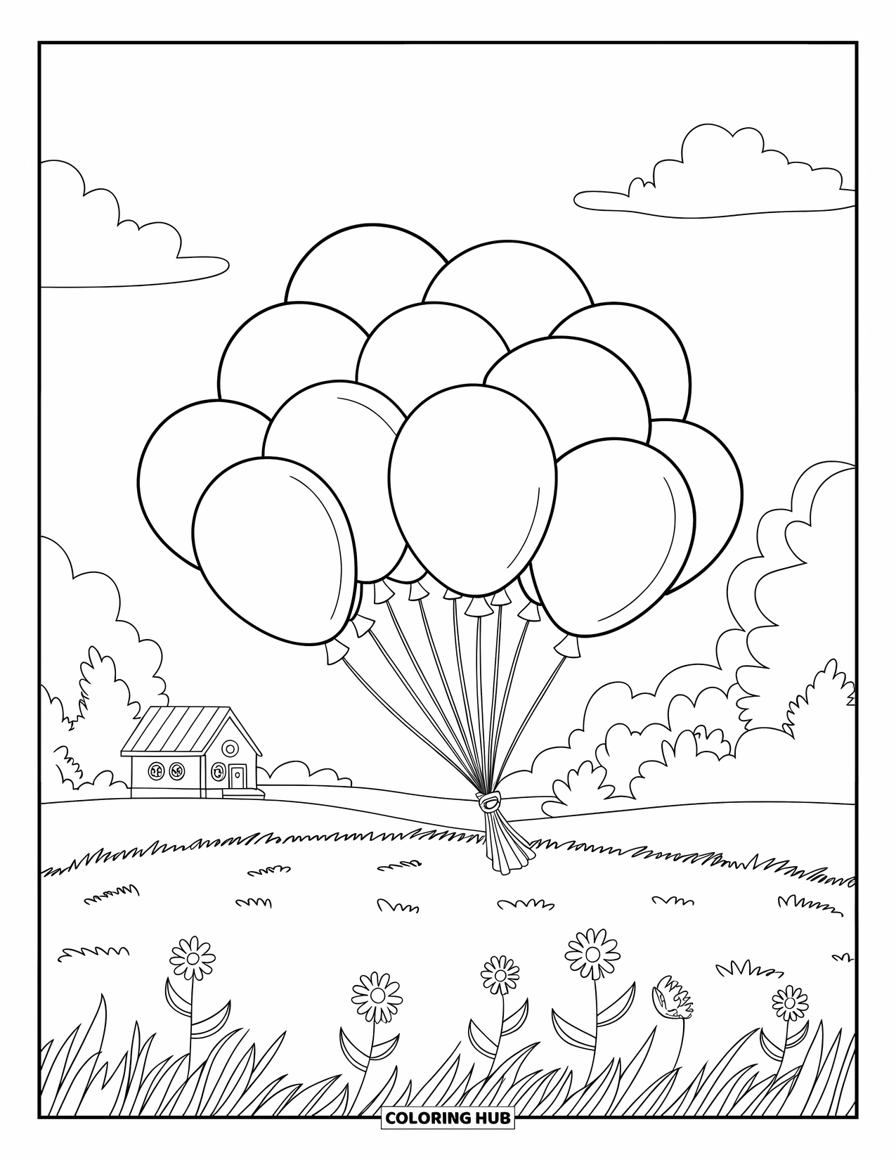 Dibujo de globo para colorear para niños: Un grupo de globos flota sobre un campo lleno de flores con una casa acogedora a la distancia