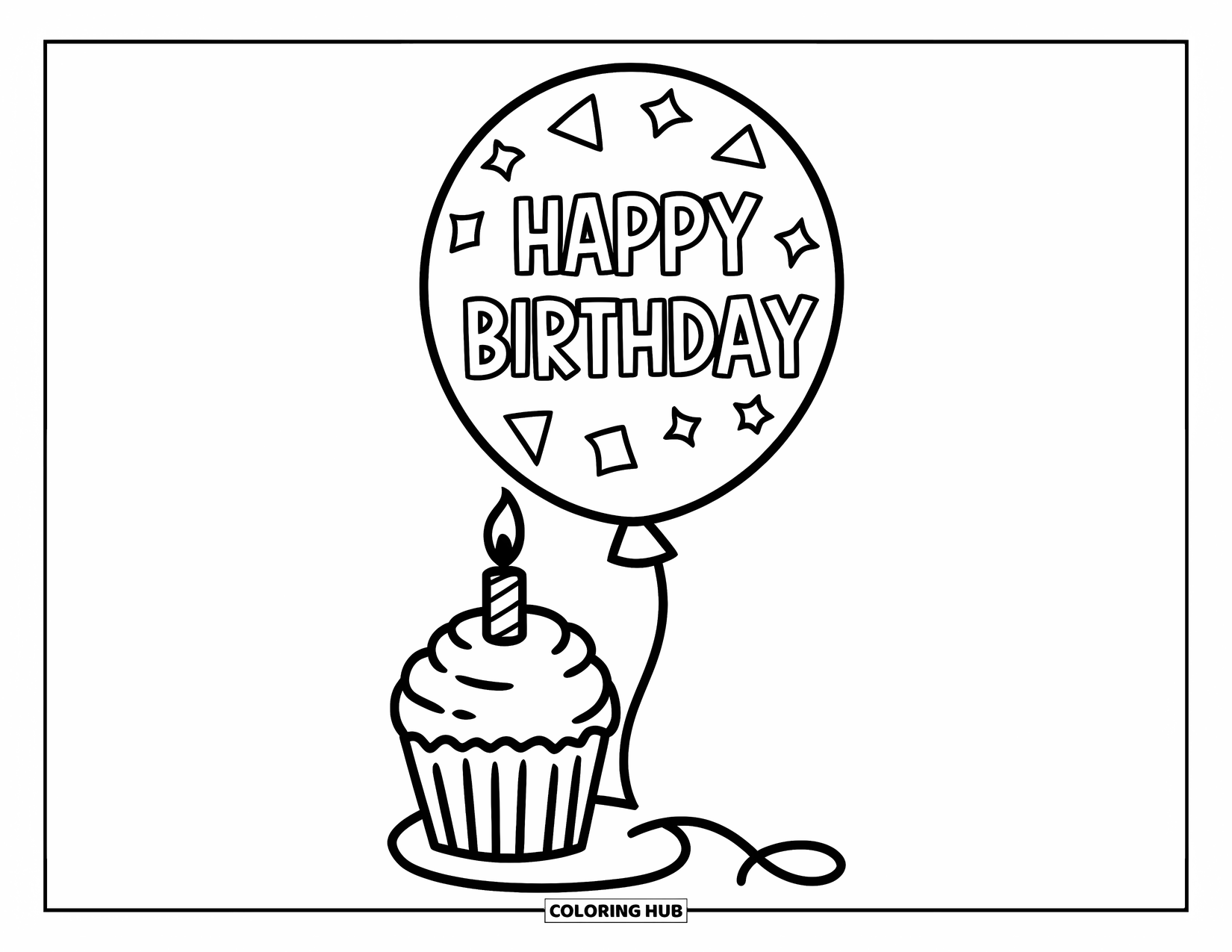 Dibujo de globo para colorear para niños: Un globo de "Feliz Cumpleaños" con un cupcake cubierto de glaseado, una cereza y una vela encendida