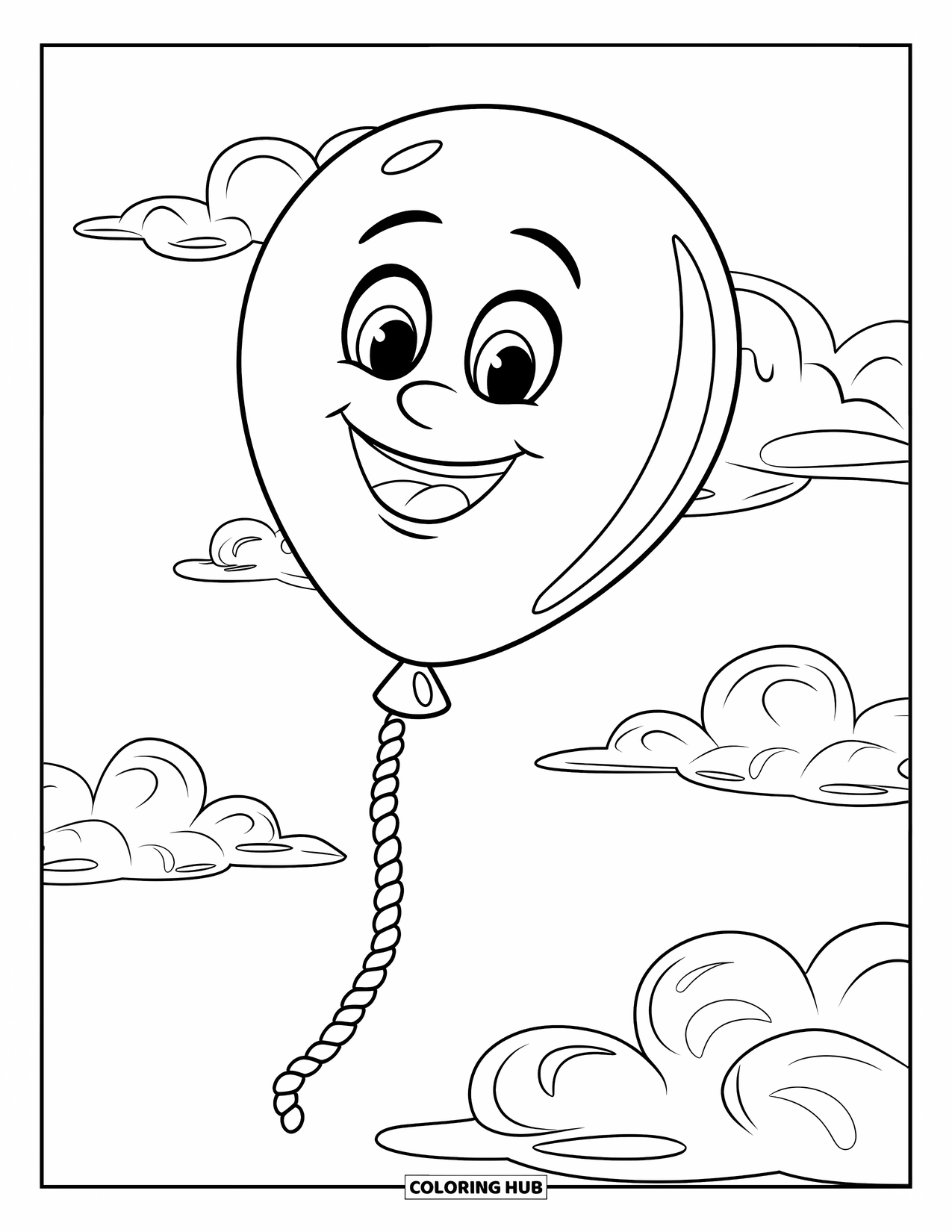 Dibujo de globo para colorear para niños: Un globo con cara feliz flota entre algunas nubes esponjosas en un cielo despejado