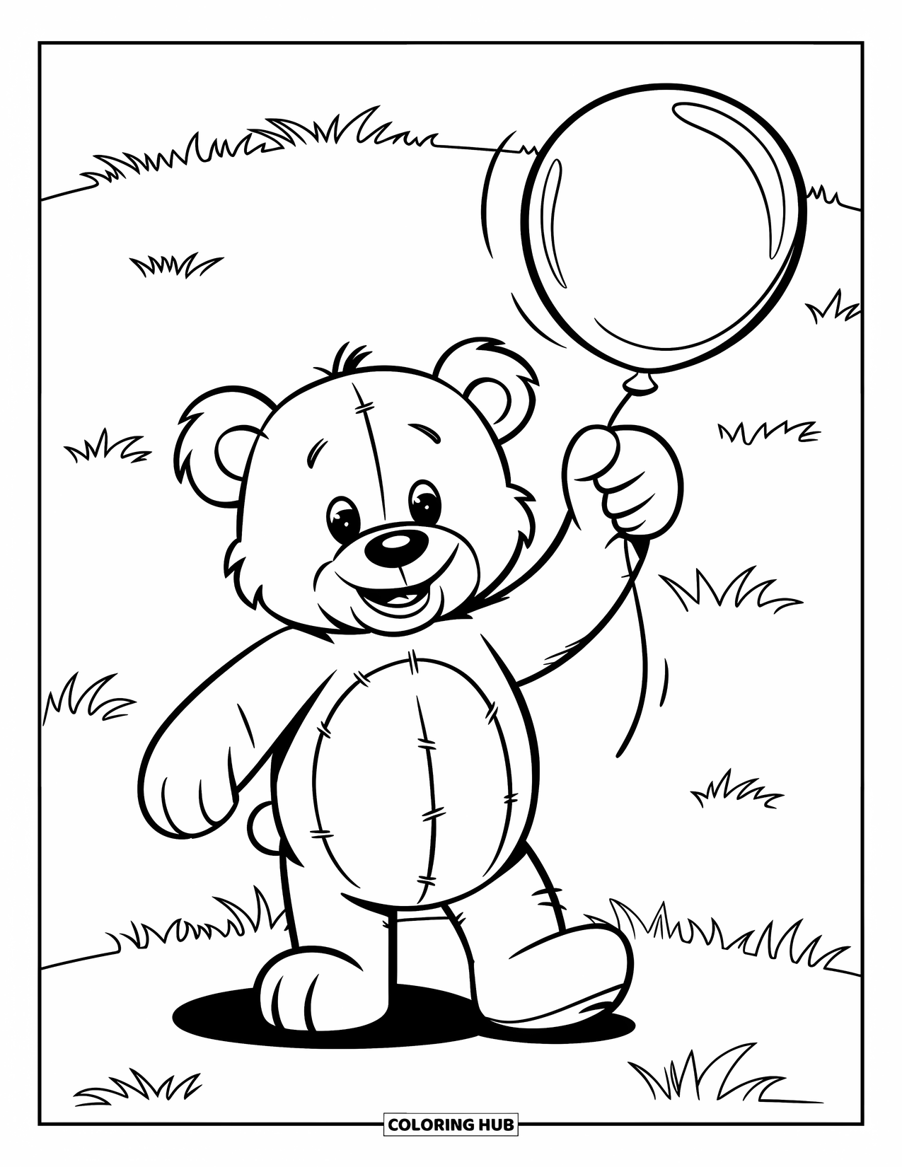 Dibujo de globo para colorear para niños: Un oso de peluche feliz está de pie en un campo de hierba, sosteniendo un globo por la cuerda