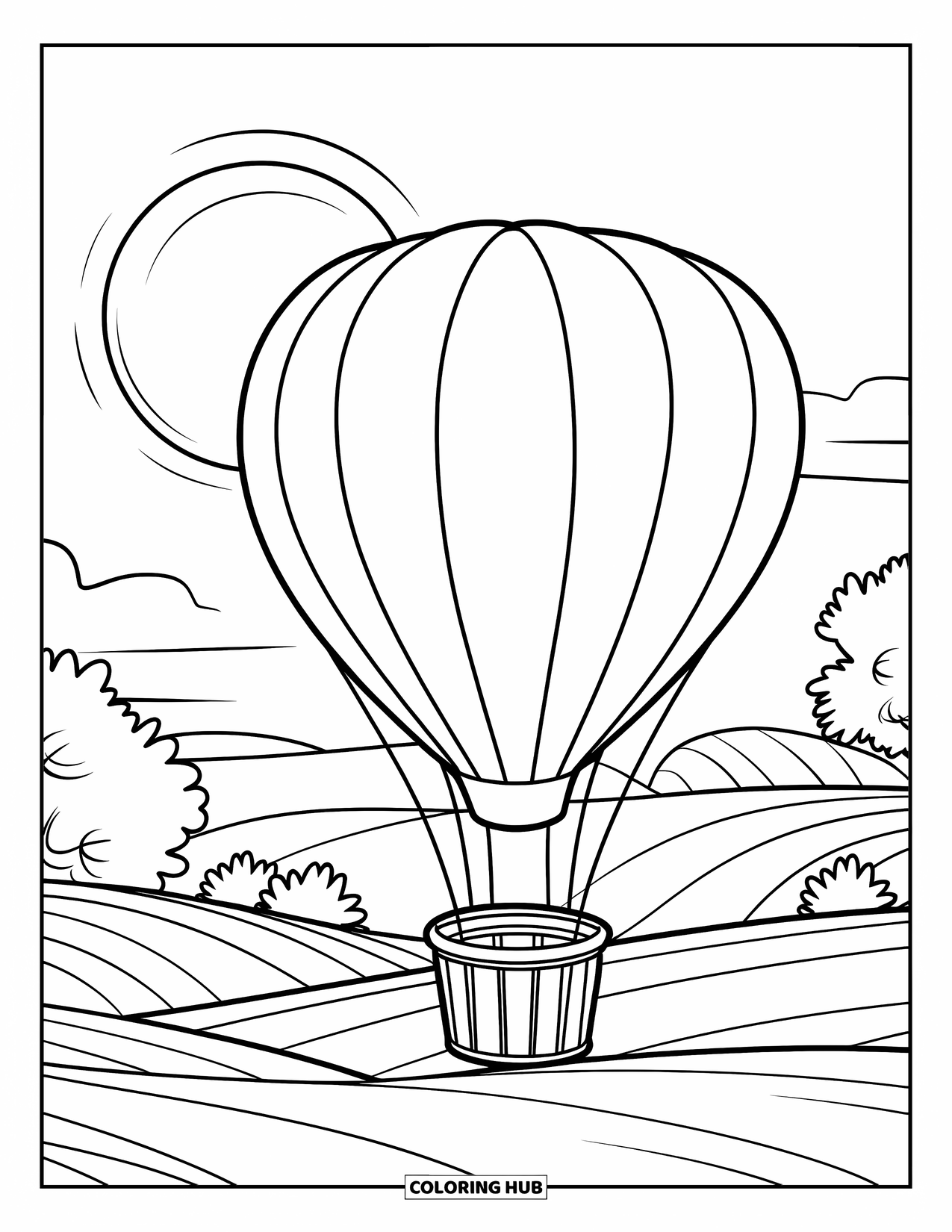 Dibujo de globo para colorear para niños: Un globo de corazón flotando sobre colinas bajo un cielo iluminado por la luna