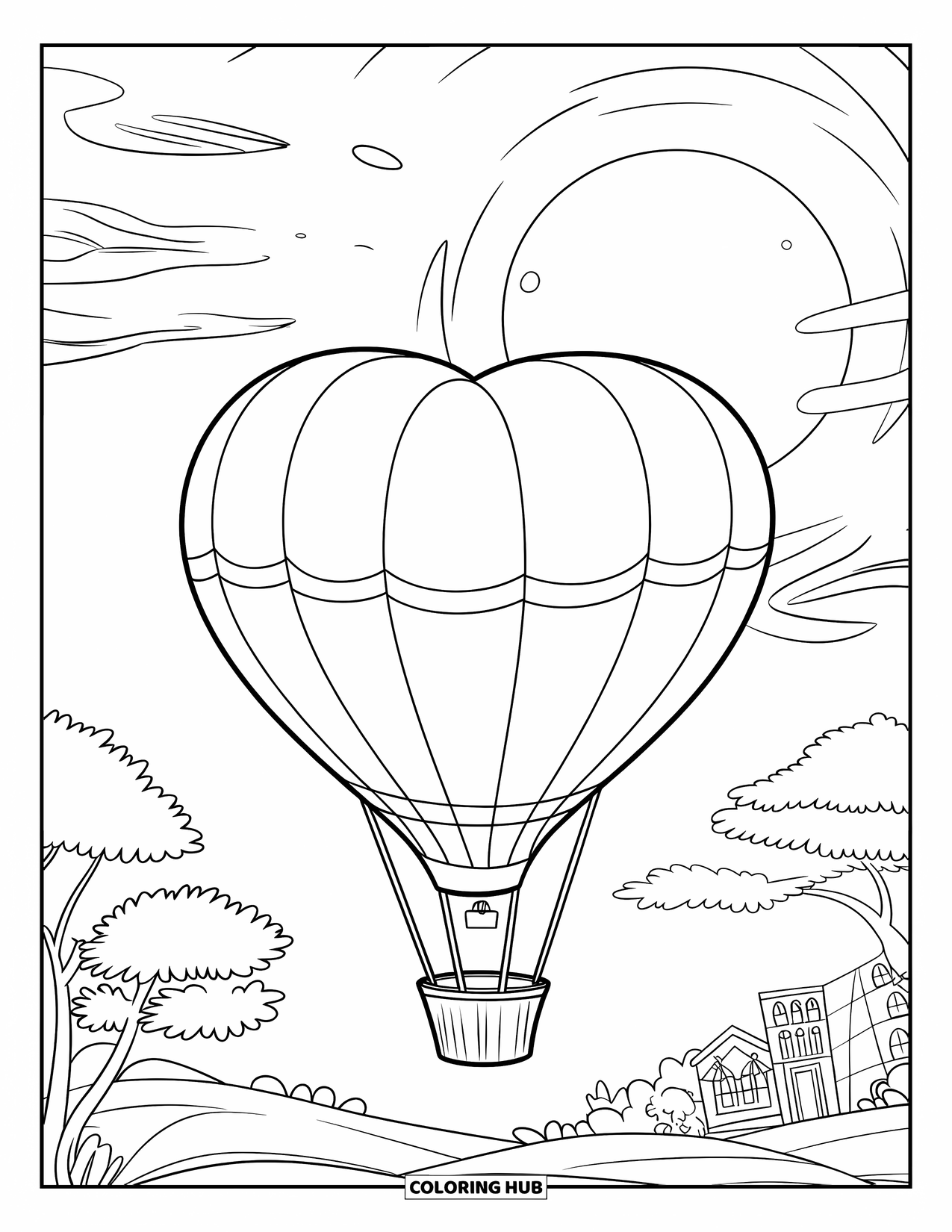 Dibujo de globo para colorear para niños: Un globo aerostático con forma de corazón flotando cerca de una luna brillante sobre un paisaje tranquilo