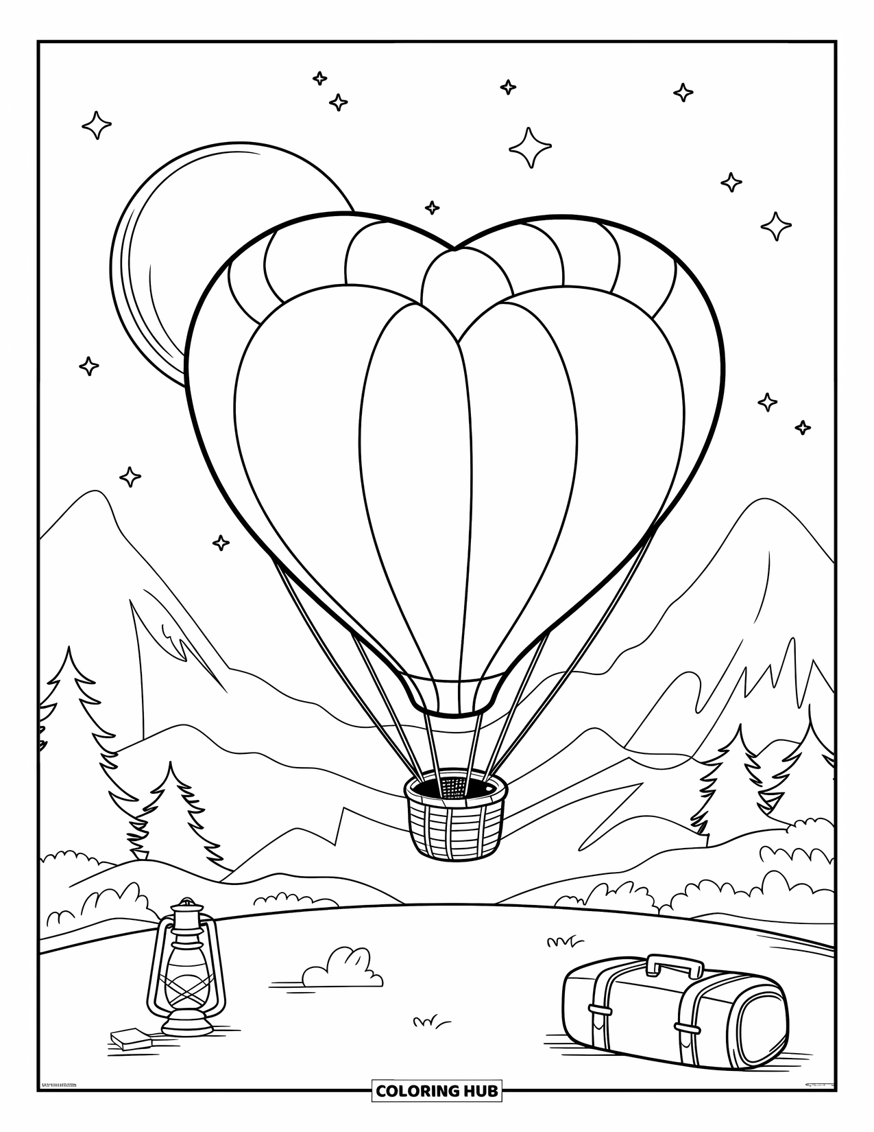 Dibujo de globo para colorear para niños: Un globo aerostático con forma de corazón elevándose sobre las montañas, llevando una cesta en el suelo