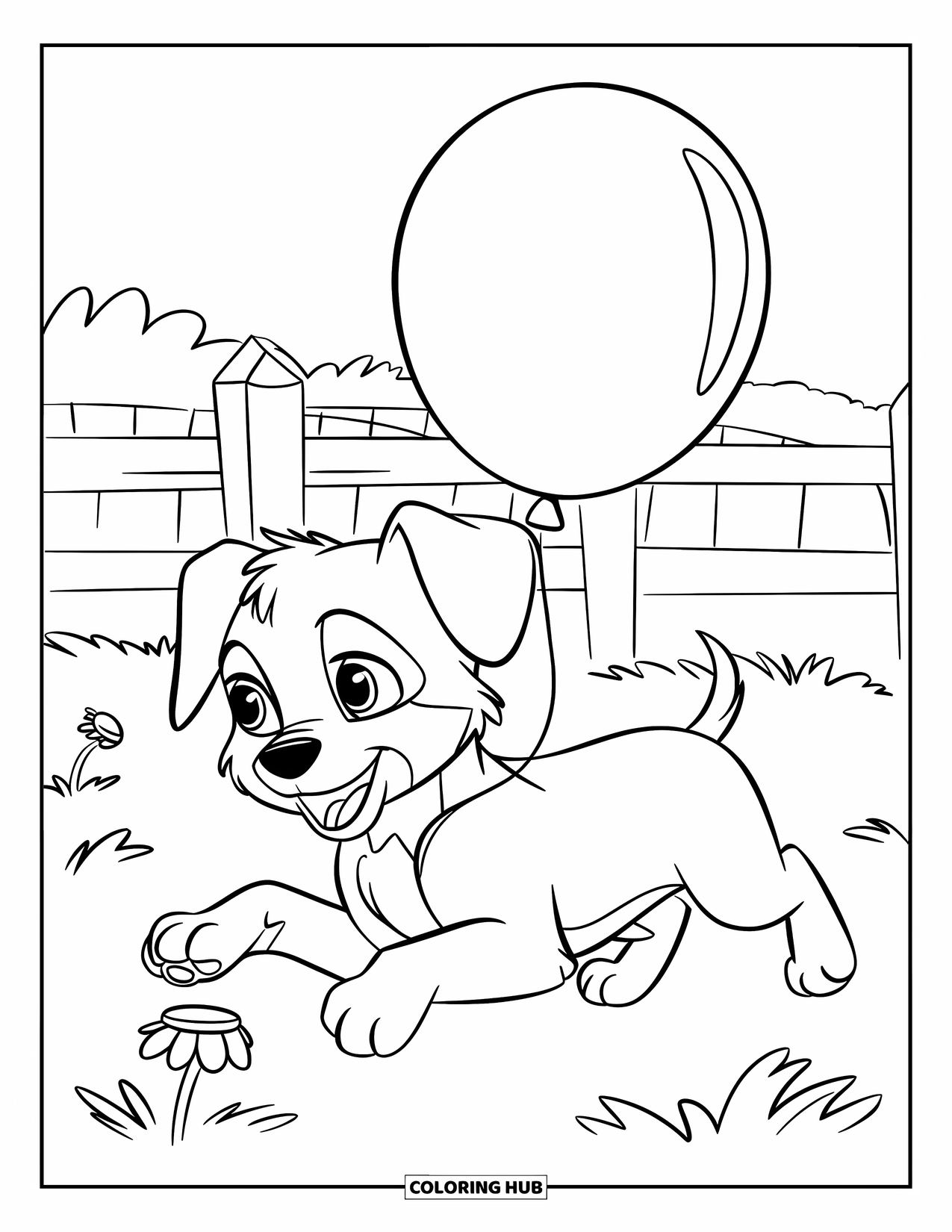 Dibujo de globo para colorear para niños: Un cachorro alegre corre por un campo de hierba, persiguiendo un globo cerca de una valla