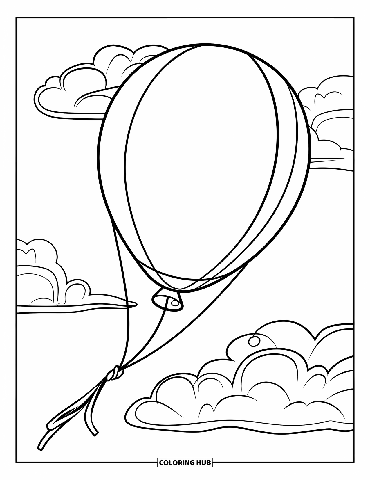 Dibujo de globo para colorear para niños: Un globo grande con una cuerda gruesa flotando entre nubes esponjosas en el cielo