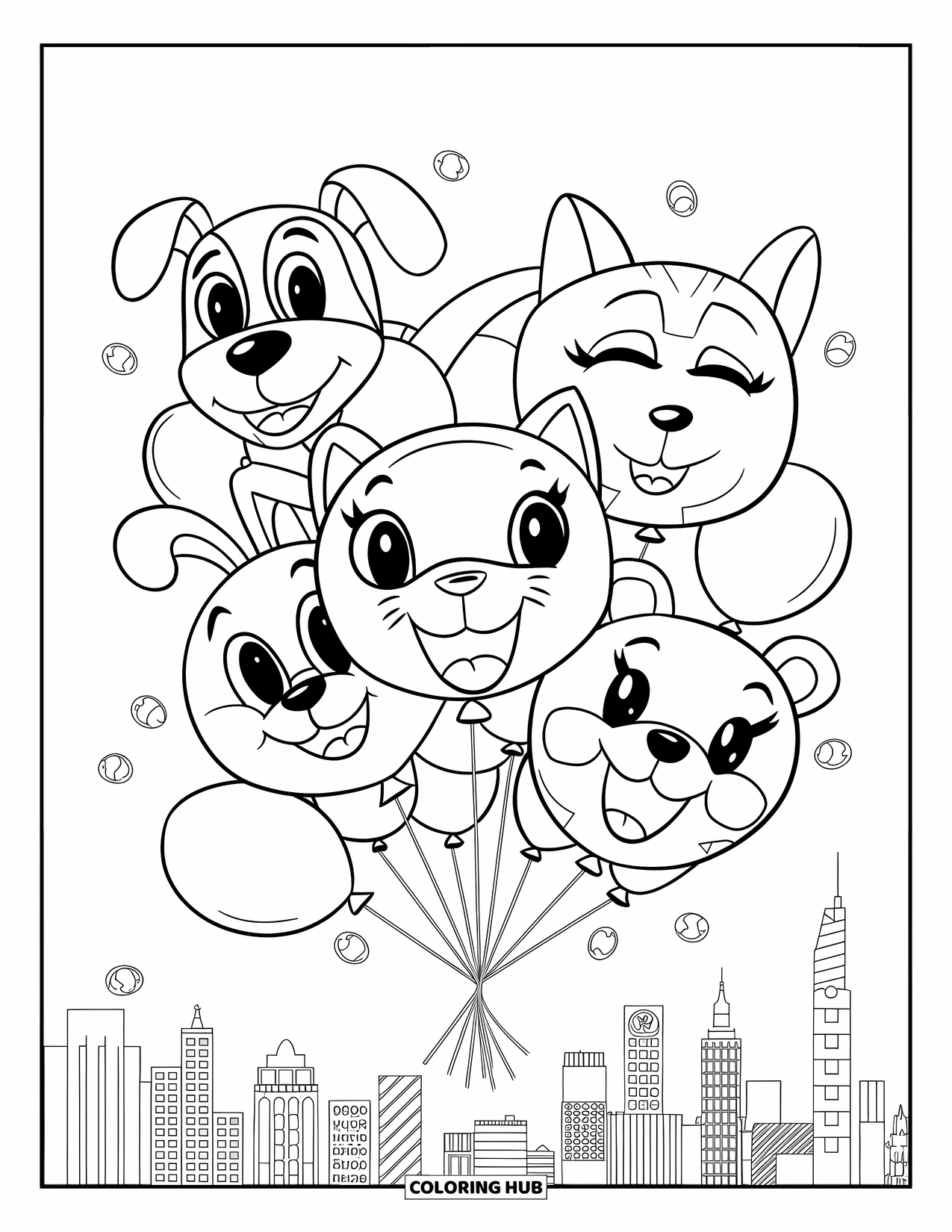 Dibujo de globo para colorear para niños: Un ramo juguetón de globos con forma de animales flotando cerca del horizonte de la ciudad