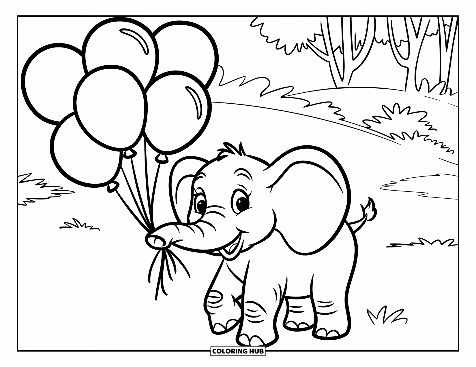 Dibujo de globo para colorear para niños: Un elefante juguetón está de pie sobre la hierba, sosteniendo globos con árboles al fondo