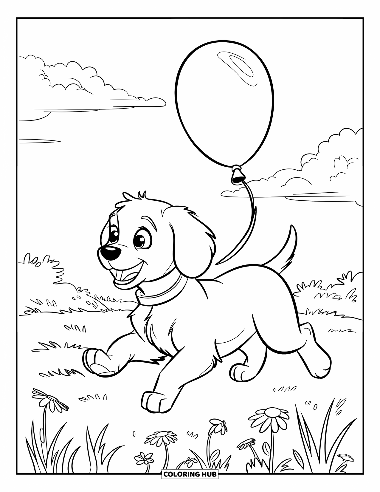 Dibujo de globo para colorear para niños: Un cachorro juguetón persigue un globo flotante en un campo exuberante