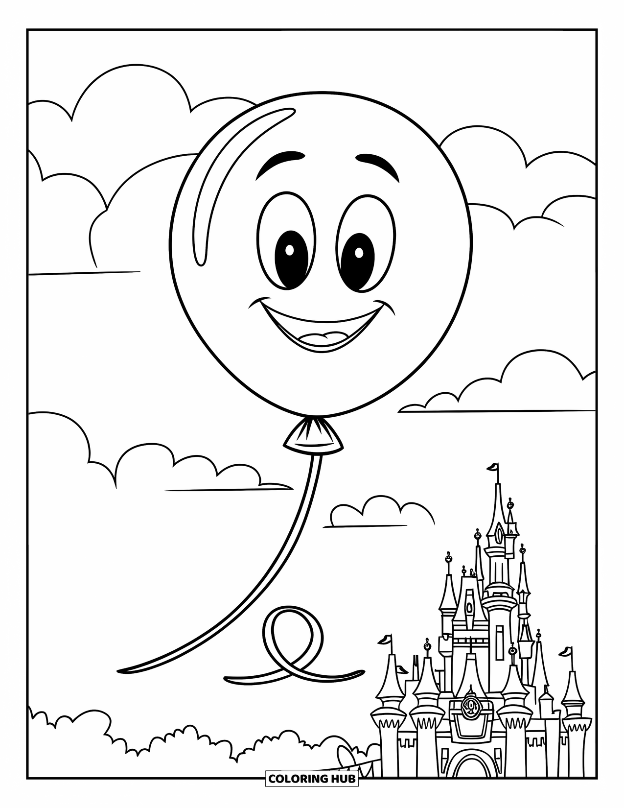 Dibujo de globo para colorear para niños: Un globo sonriente flota en el cielo con un castillo al fondo