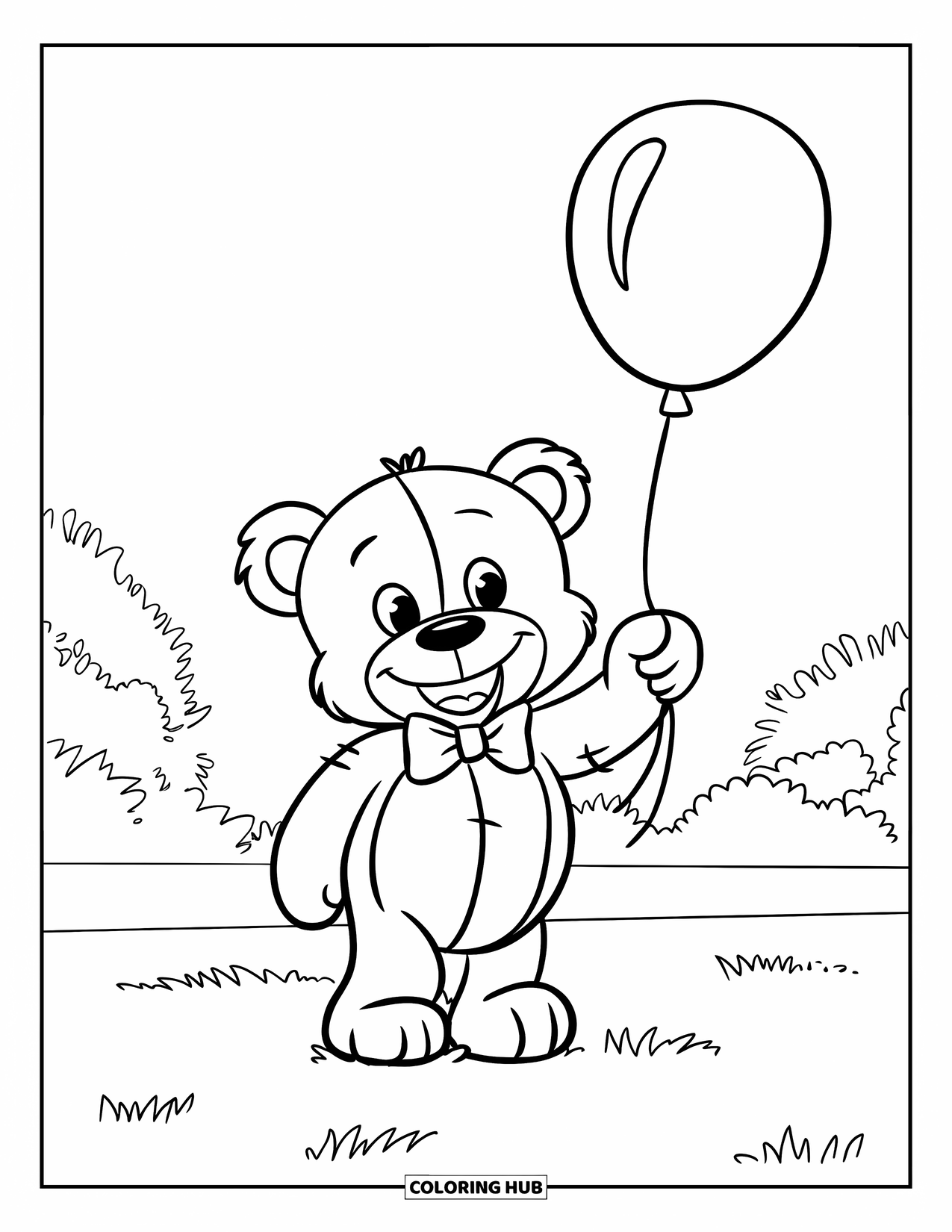 Dibujo de globo para colorear para niños: Un oso de peluche sonriente con una pajarita sostiene un globo mientras está de pie en un campo de hierba