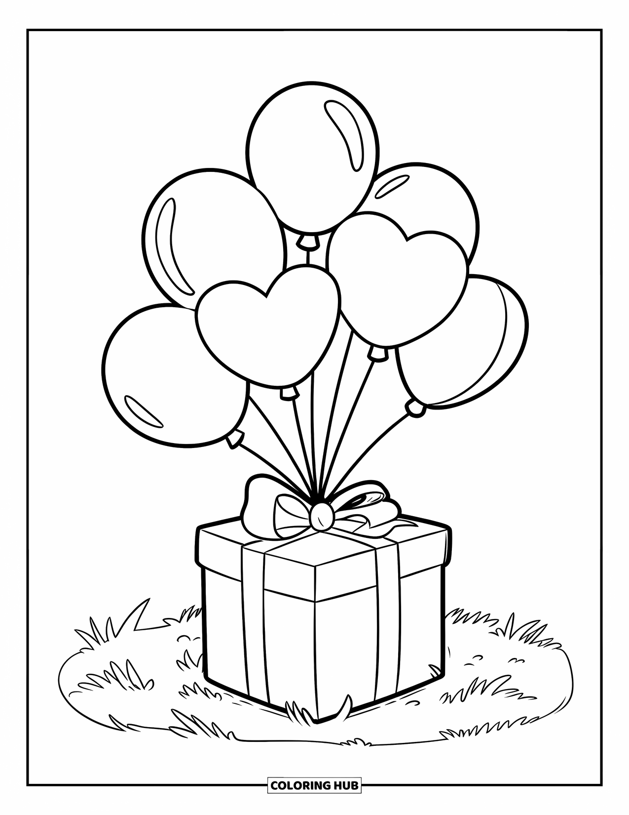 Dibujo de globo para colorear para niños: Una caja de regalo envuelta con seis globos atados a ella, colocada en una zona de hierba
