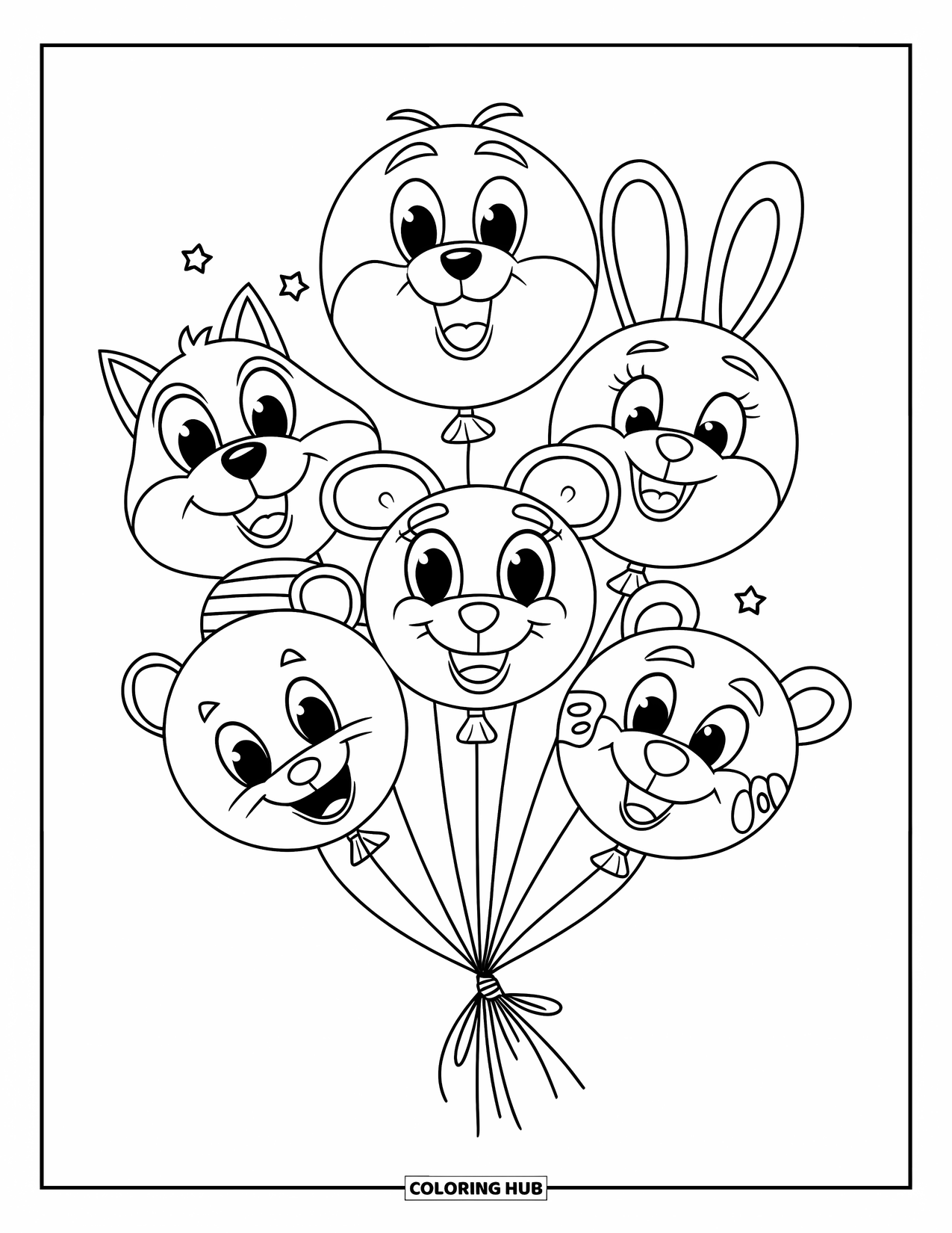 Dibujo de globo para colorear para niños: Globos con forma de animales atados juntos, flotando alto en el cielo