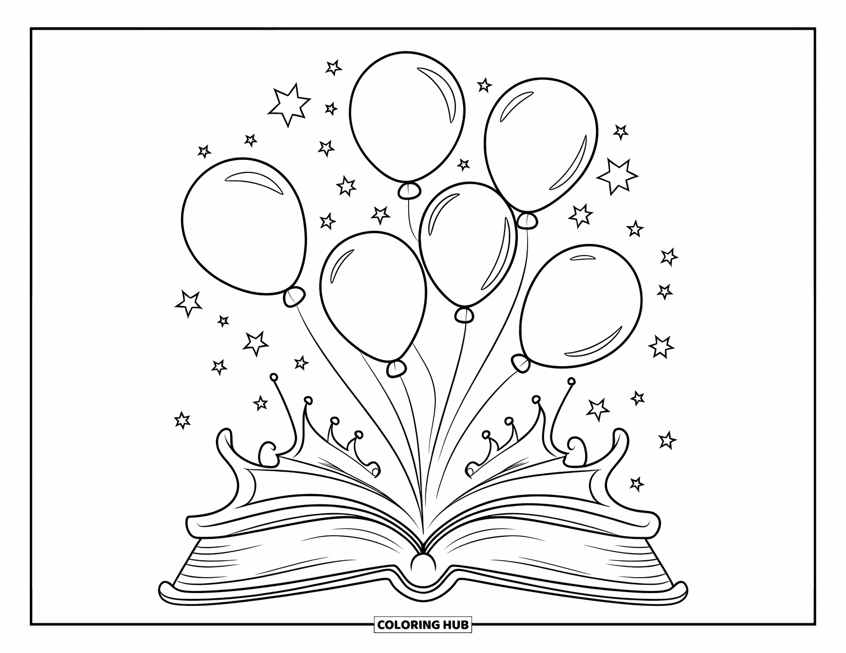 Dibujo de globo para colorear para niños: Globos con forma de corazón, estrella y nube elevándose sobre un libro de cuentos abierto