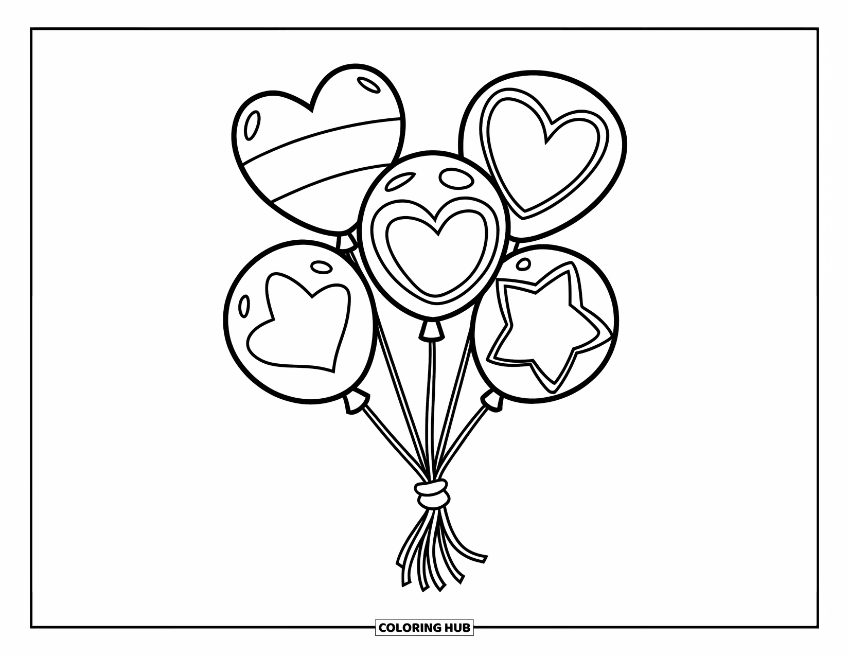 Dibujo de globo para colorear para niños: Cinco globos con forma de corazón, estrellas y círculos, atados con cuerdas largas
