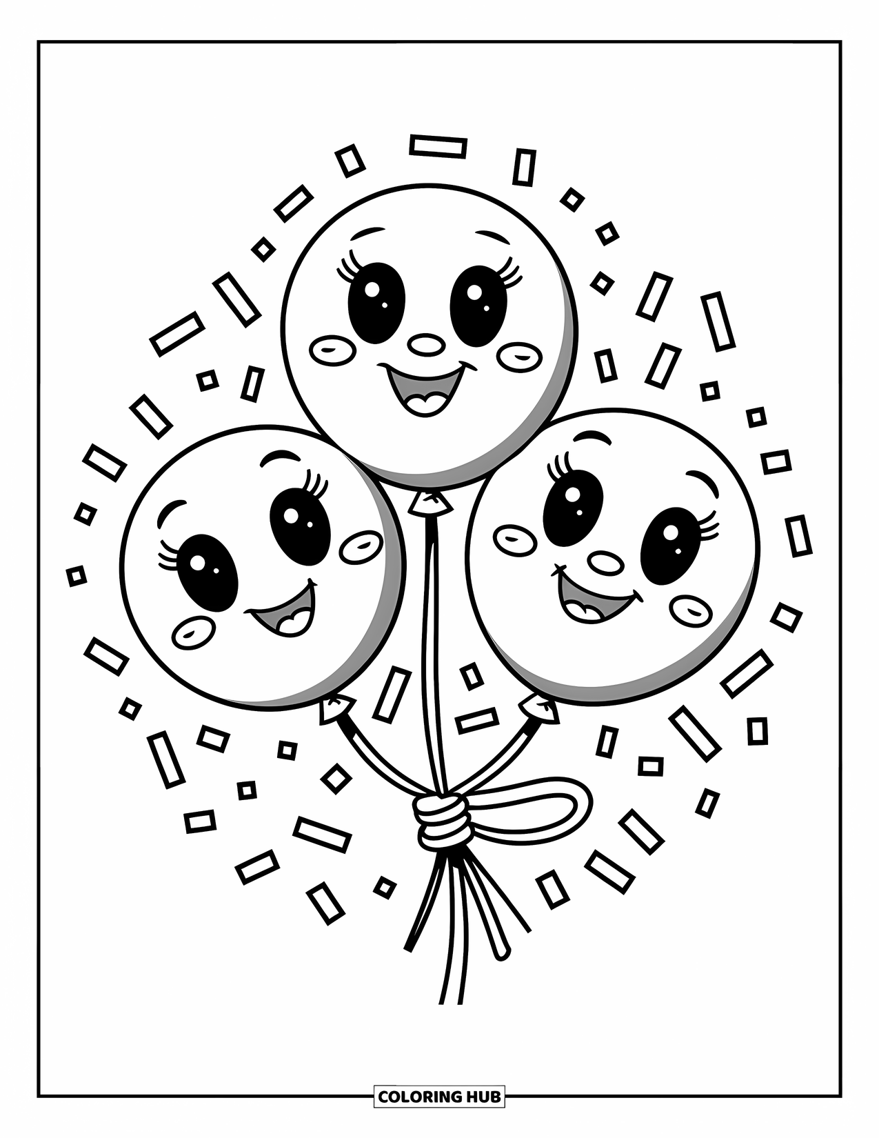 Dibujo de globo para colorear para niños: Tres globos con caras felices atados juntos, flotando entre confeti esparcido
