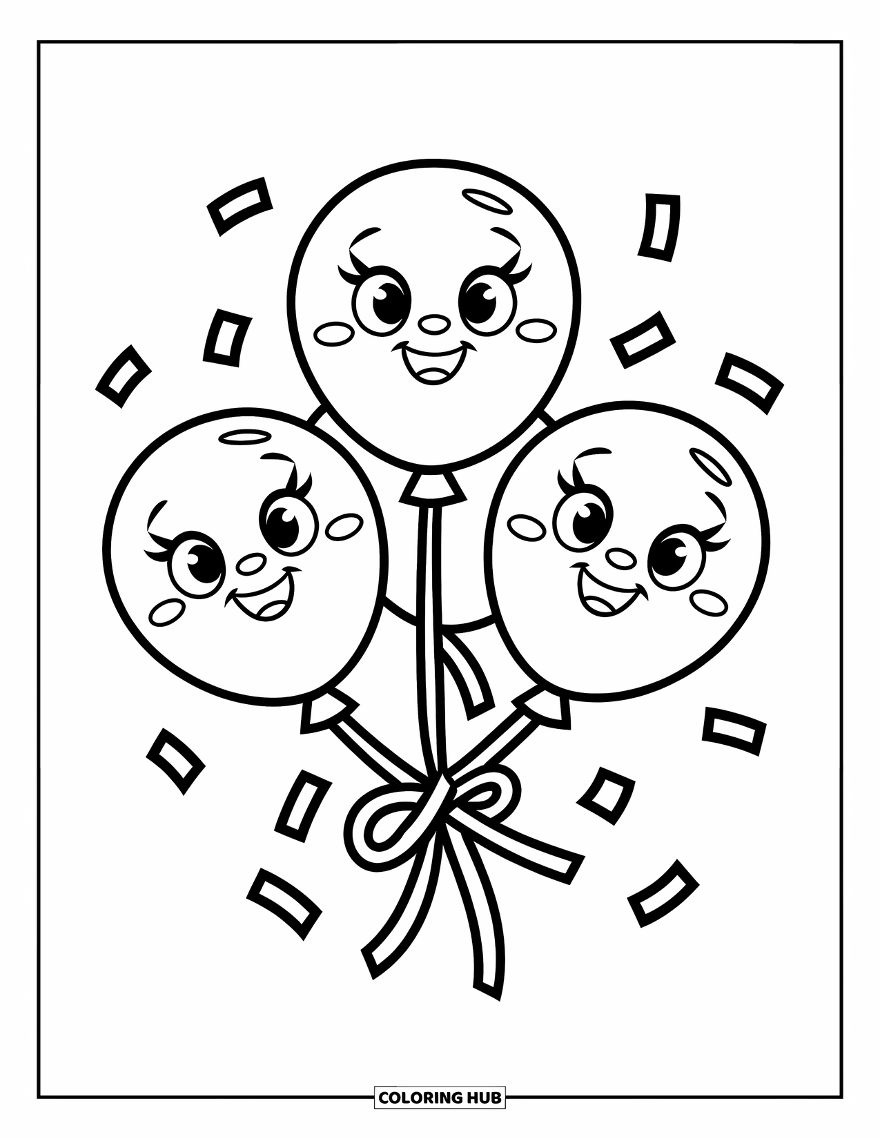 Dibujo de globo para colorear para niños: Tres globos redondos con caras bonitas atados juntos, rodeados de confeti