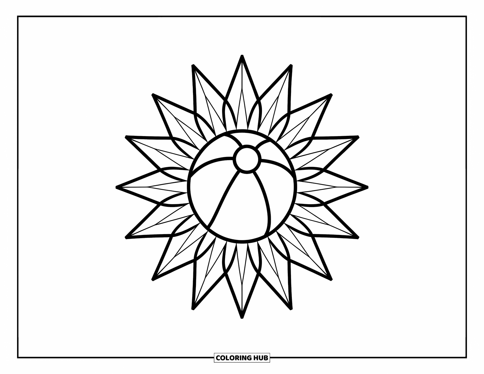 Strandbal Kleurplaat voor Volwassenen: Een strandbal in het midden van een zonnestraal met gedurfde, stralende geometrische lijnen