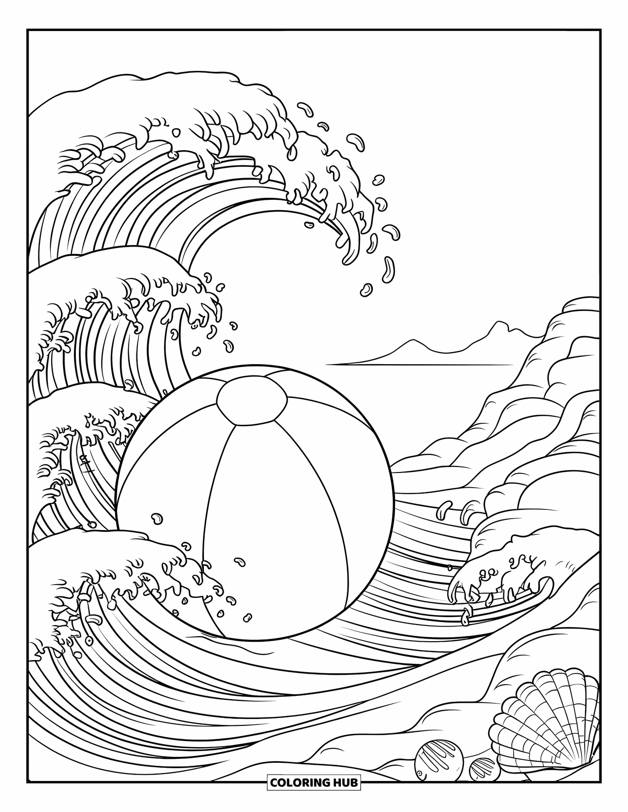 Strandbal Kleurplaat voor Volwassenen: Een strandbal die in wervelende golven drijft met schelpen op een sereen, rotsachtig strand