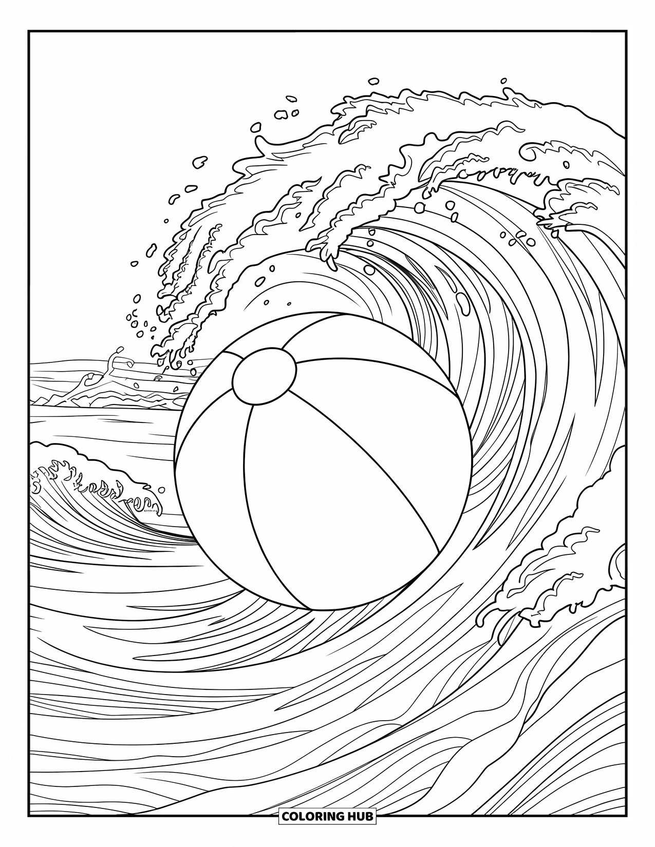 Strandbal Kleurplaat voor Volwassenen: Een strandbal die drijft tussen wervelende oceaangolven met ingewikkelde patronen