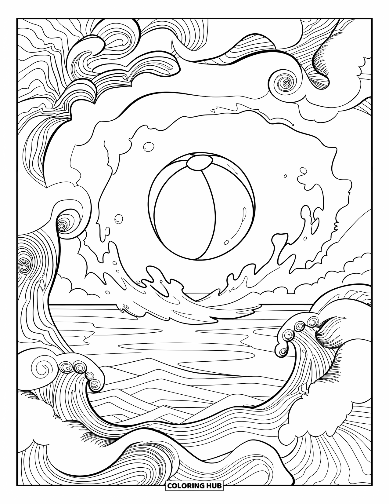 Strandbal Kleurplaat voor Volwassenen: Een strandbal die in een surrealistische oceaanscène drijft met krullende mist en ingewikkelde golven
