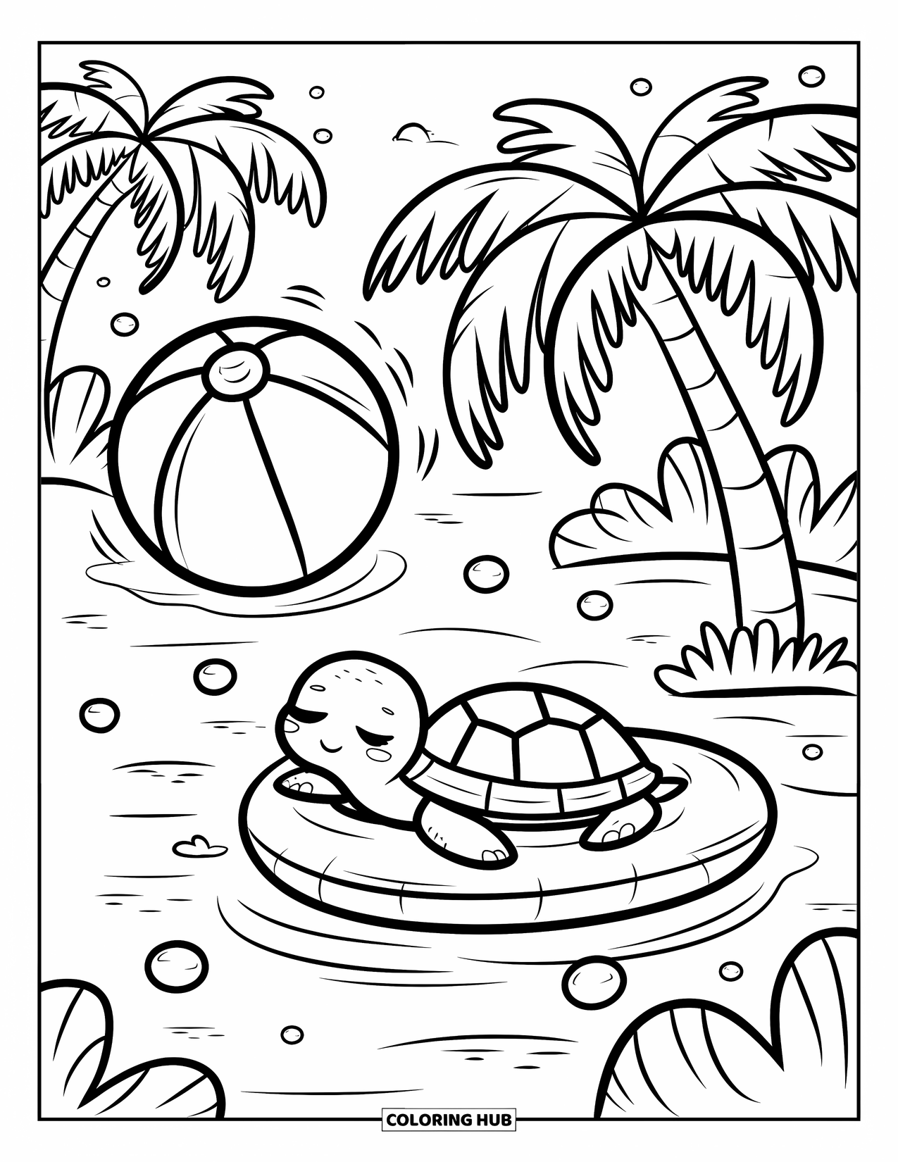 Strandbal Kleurplaat voor Volwassenen: Een strandbal die in het water drijft, terwijl een slaperige schildpad op een drijfmiddel in de buurt drijft