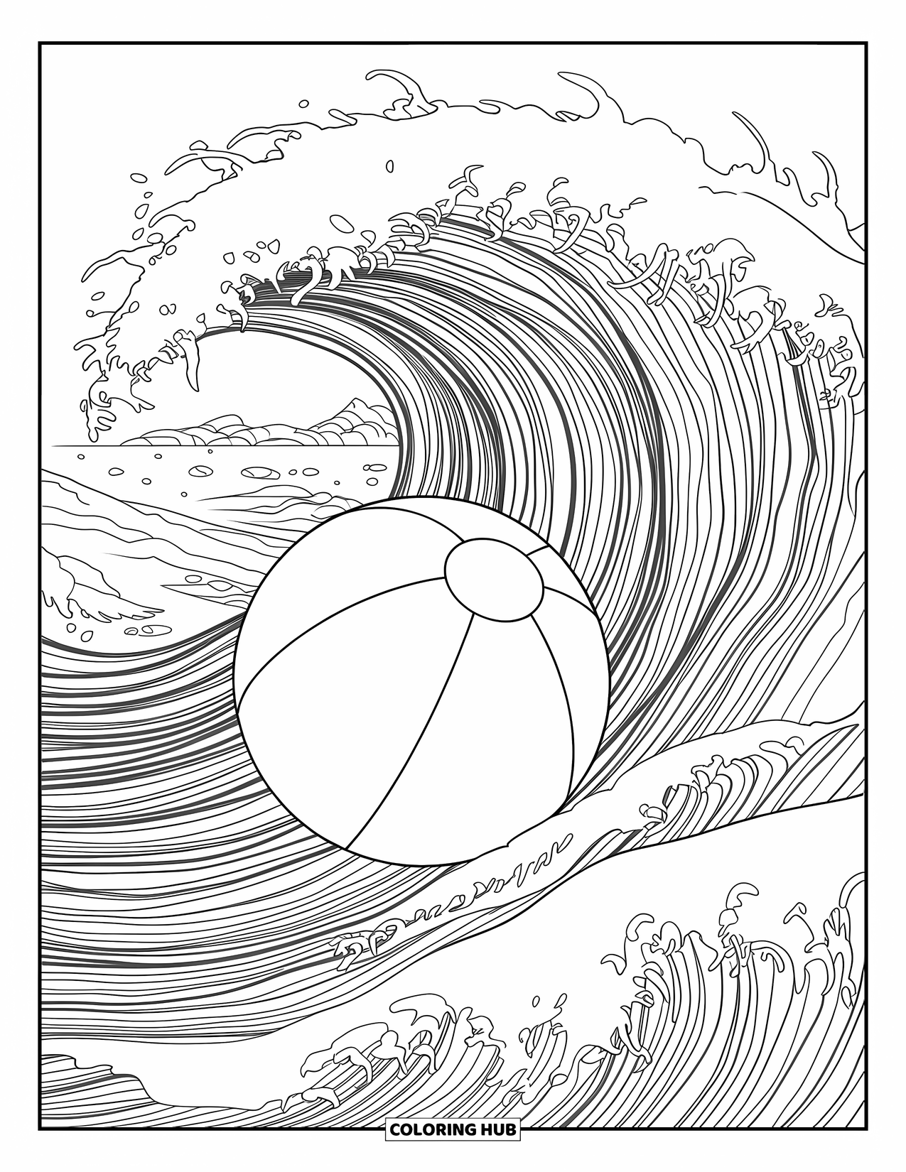 Strandbal Kleurplaat voor Volwassenen: Een strandbal omringd door gedetailleerde oceaangolven in de buurt van een rotsachtige kustlijn