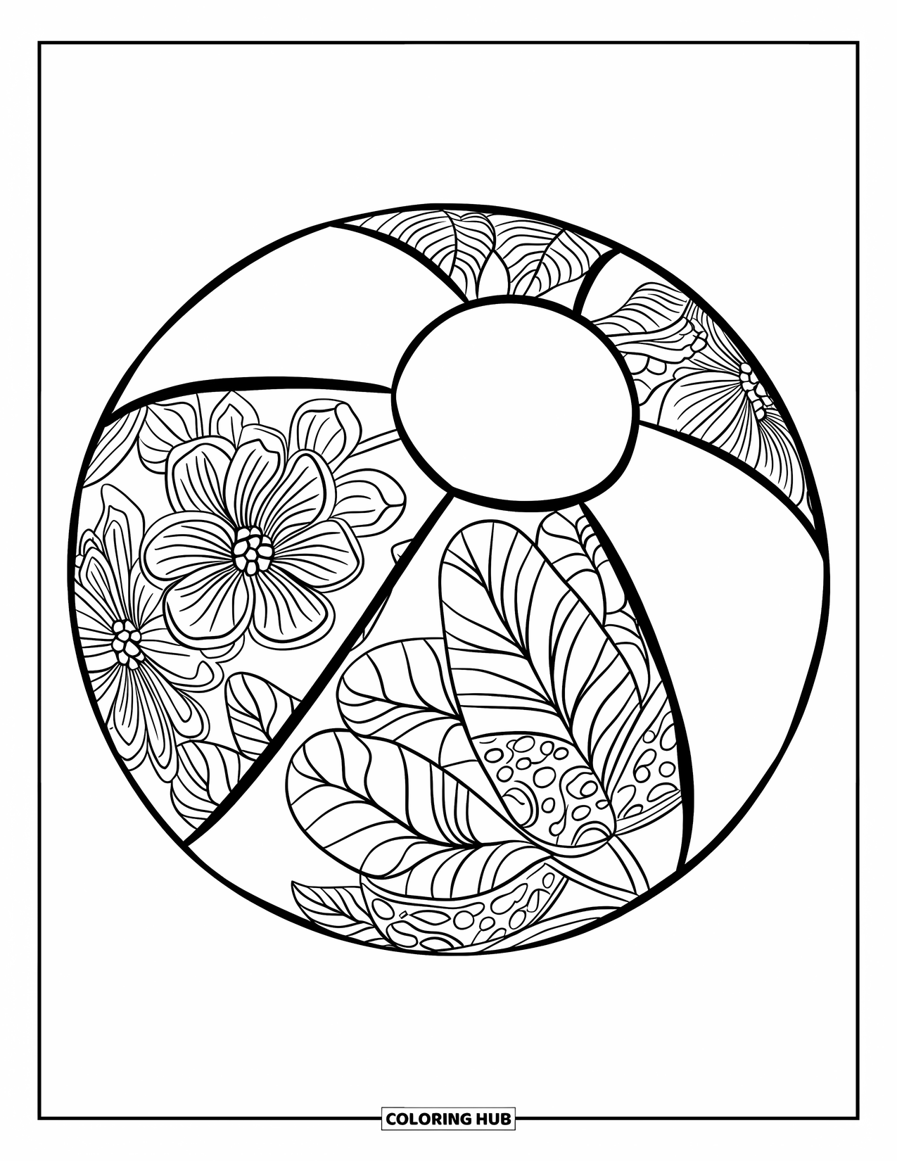 Strandbal Kleurplaat voor Volwassenen: Een strandbal met ingewikkelde bloempatronen geïnspireerd op tropische bloemen en bladeren