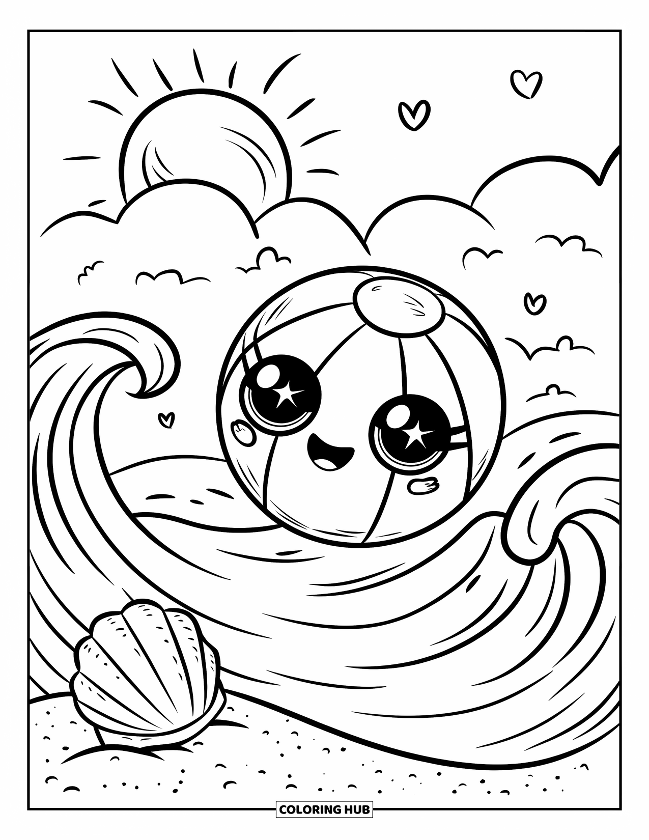 Strandbal Kleurplaat voor Volwassenen: Een vrolijke strandbal die op oceaangolven drijft, met een klein schelpje en hartjes in de lucht