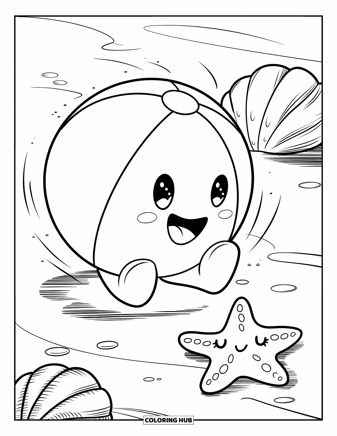 Strandbal Kleurplaat voor Volwassenen: Een strandbal in chibi-stijl met gedrongen benen die op het zand stuitert naast een slaperige zeester